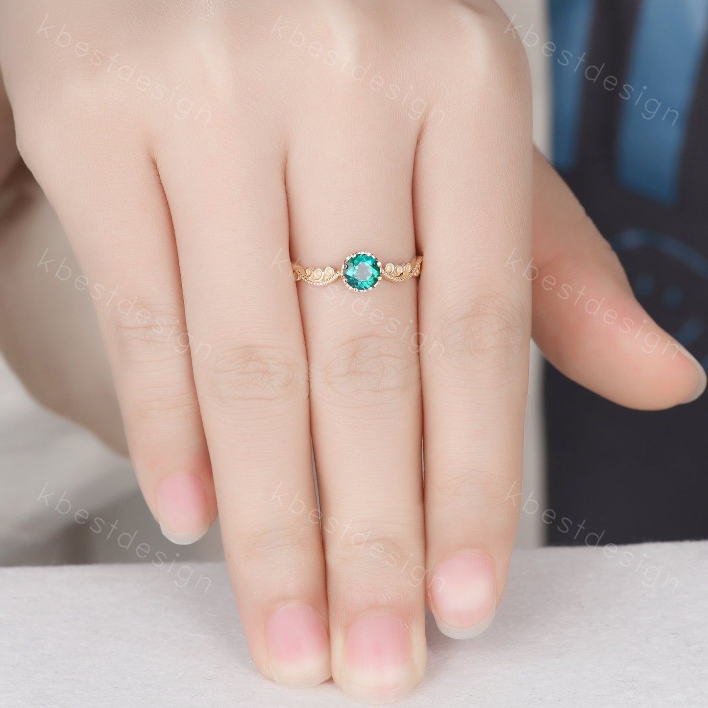 Antique emerald engagement ring 5mm round cut green emerald ring art deco filigree ring unique design bridal promise ring May birthstone