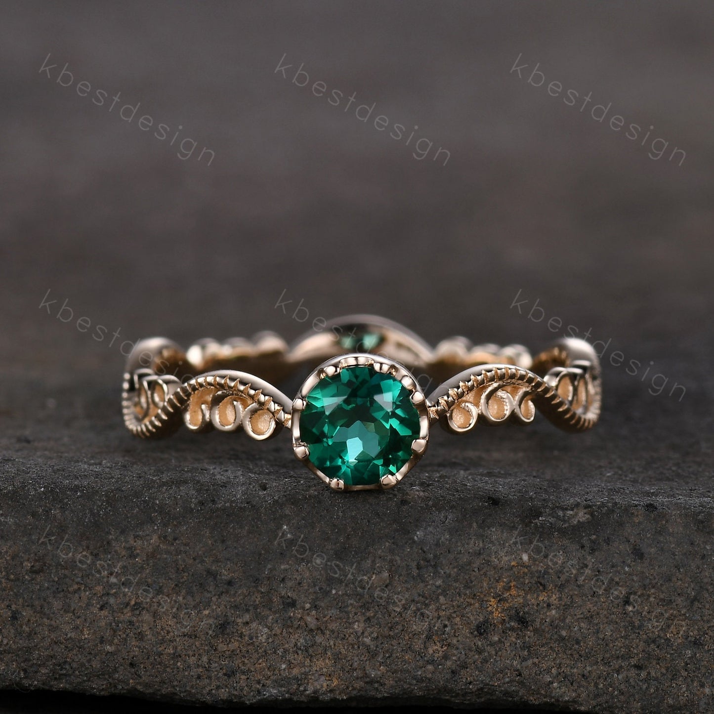 Antique emerald engagement ring 5mm round cut green emerald ring art deco filigree ring unique design bridal promise ring May birthstone