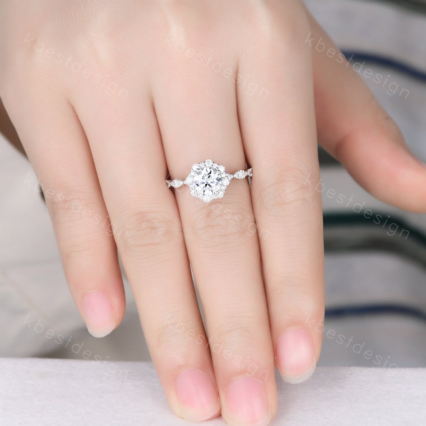 Vintage round Moissanite engagement ring white gold unique halo engagement ring art deco diamond wedding ring women retro anniversary ring