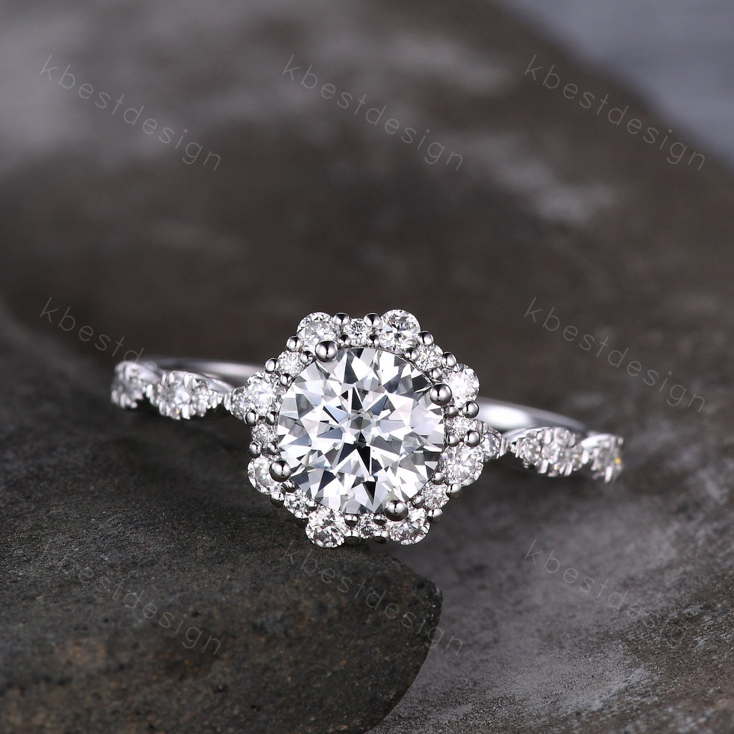 Vintage round Moissanite engagement ring white gold unique halo engagement ring art deco diamond wedding ring women retro anniversary ring