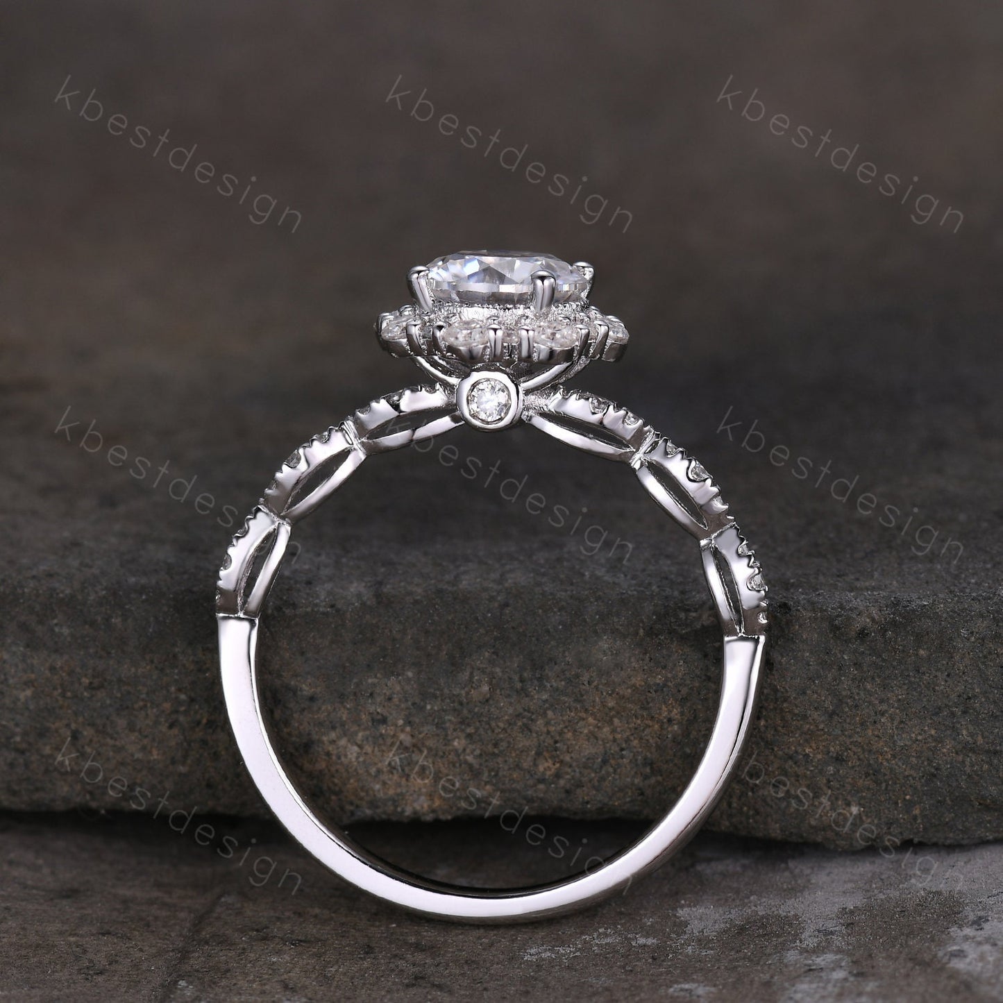Vintage round Moissanite engagement ring white gold unique halo engagement ring art deco diamond wedding ring women retro anniversary ring