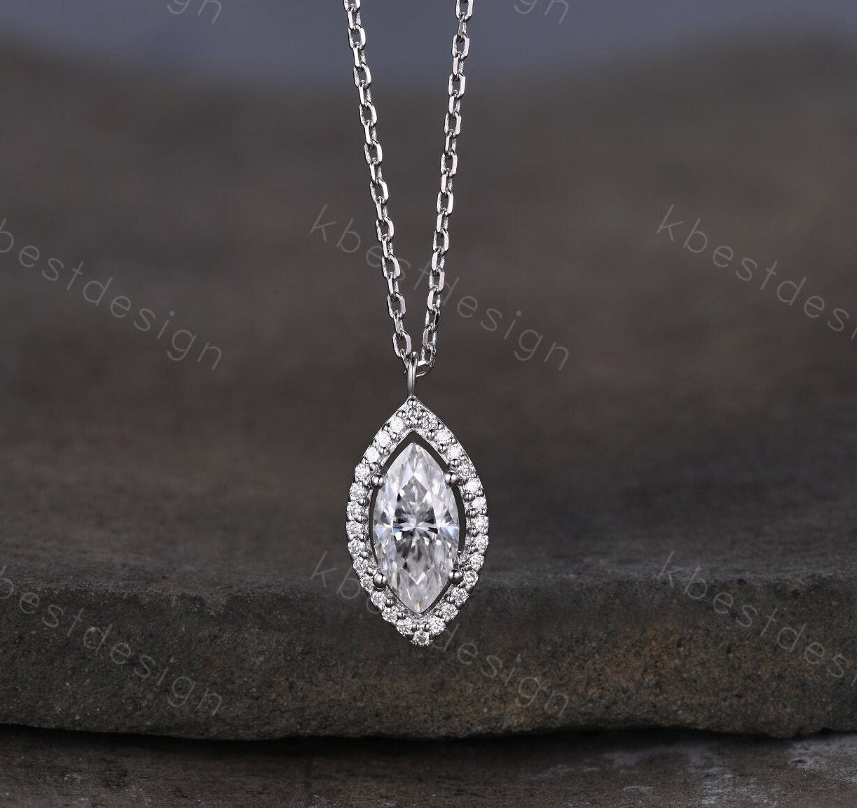 Unique marquise cut Moissanite necklace white gold halo moissanite diamond necklace pendant women bridal anniversary gift