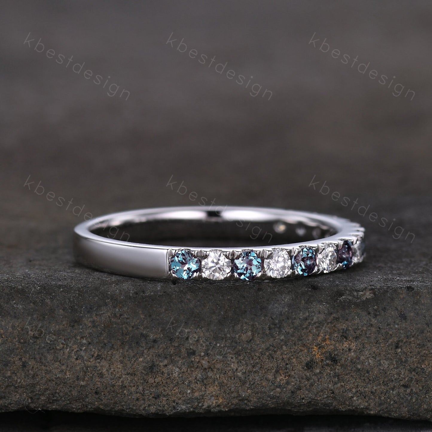 2mm Moissanite Alexandrite Wedding Band Half Eternity Stacking Band Colorless Moissanite Ring Women Matching Band Promise Anniversary Ring