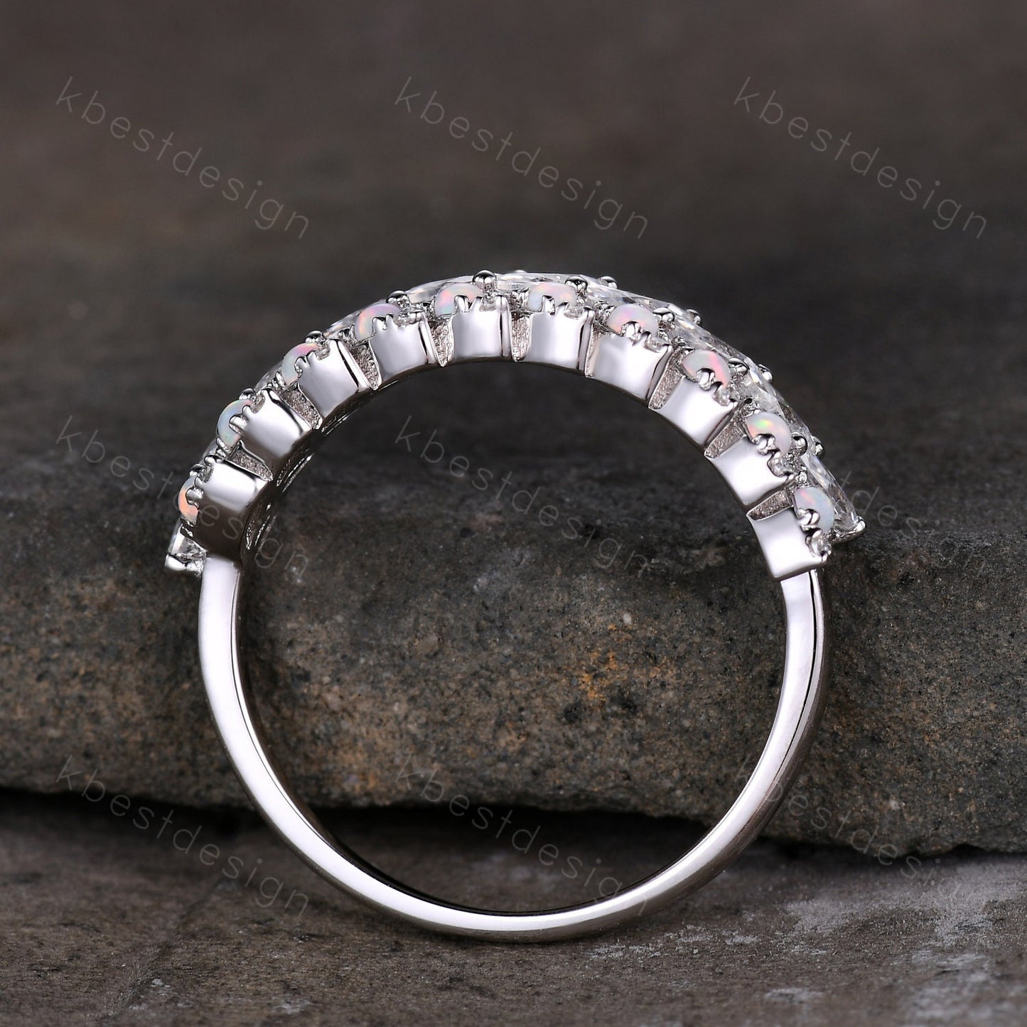 Marquise cut Moissanite Wedding Band Half Eternity Stacking Band Unique Opal Wedding Ring Women Matching Band Promise Anniversary Ring
