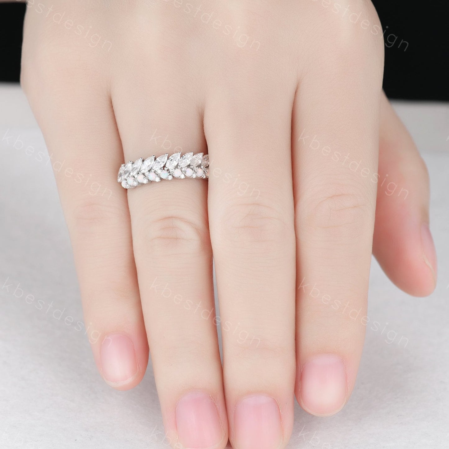 Marquise cut Moissanite Wedding Band Half Eternity Stacking Band Unique Opal Wedding Ring Women Matching Band Promise Anniversary Ring