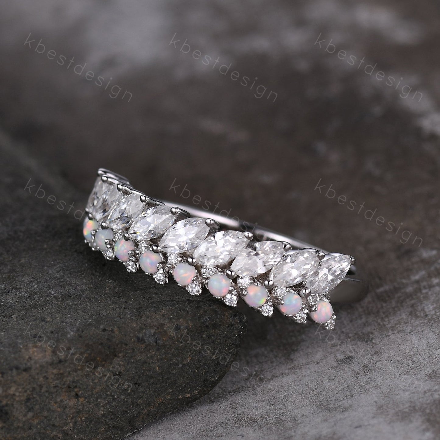 Marquise cut Moissanite Wedding Band Half Eternity Stacking Band Unique Opal Wedding Ring Women Matching Band Promise Anniversary Ring