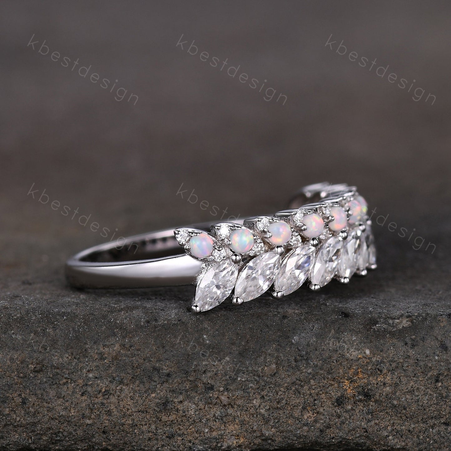 Marquise cut Moissanite Wedding Band Half Eternity Stacking Band Unique Opal Wedding Ring Women Matching Band Promise Anniversary Ring