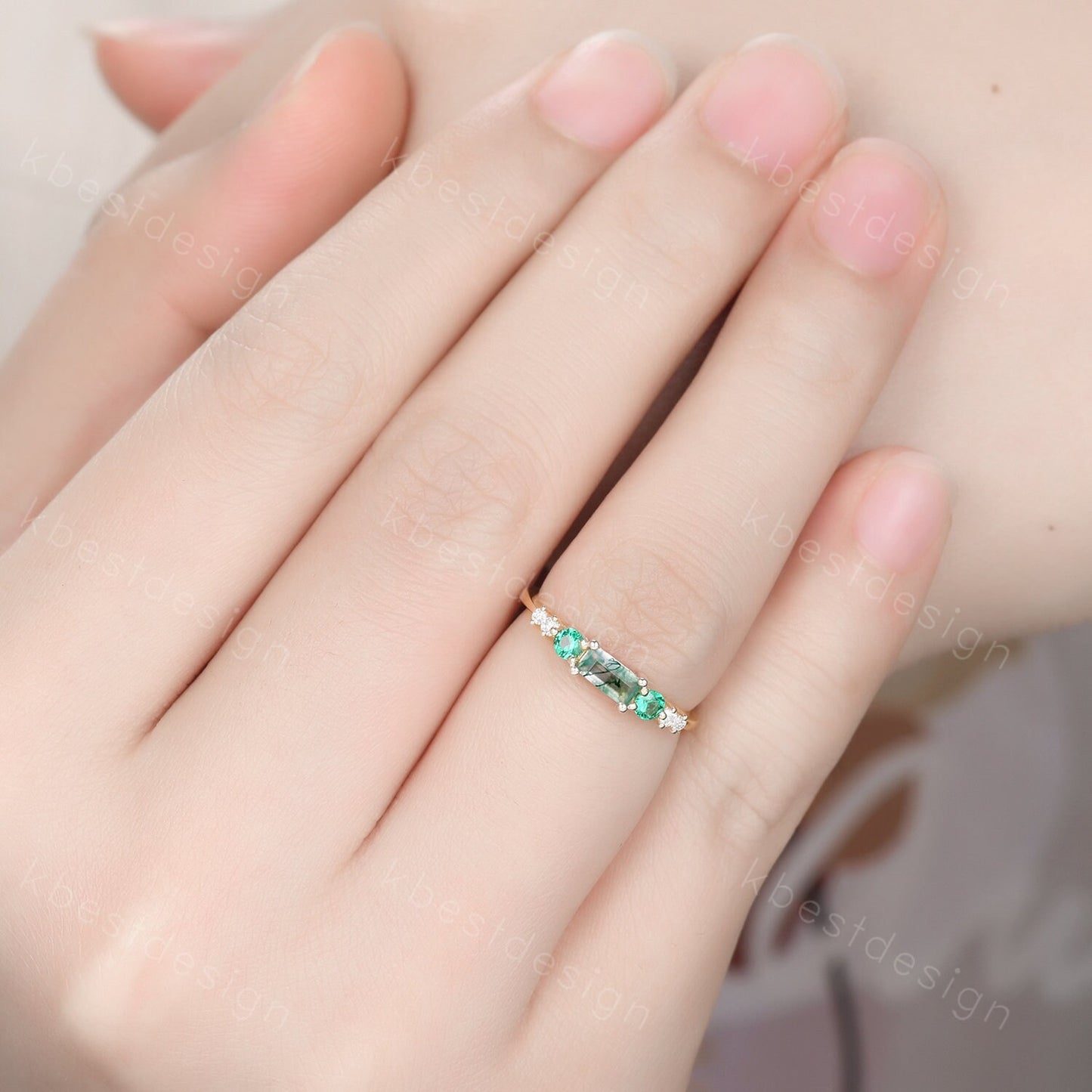 Baguette cut Moss Agate Wedding Band Unique Green Gem Ring Women Silver Ring Antique Moissanite Ring Minimalist Bridal Anniversary Gift