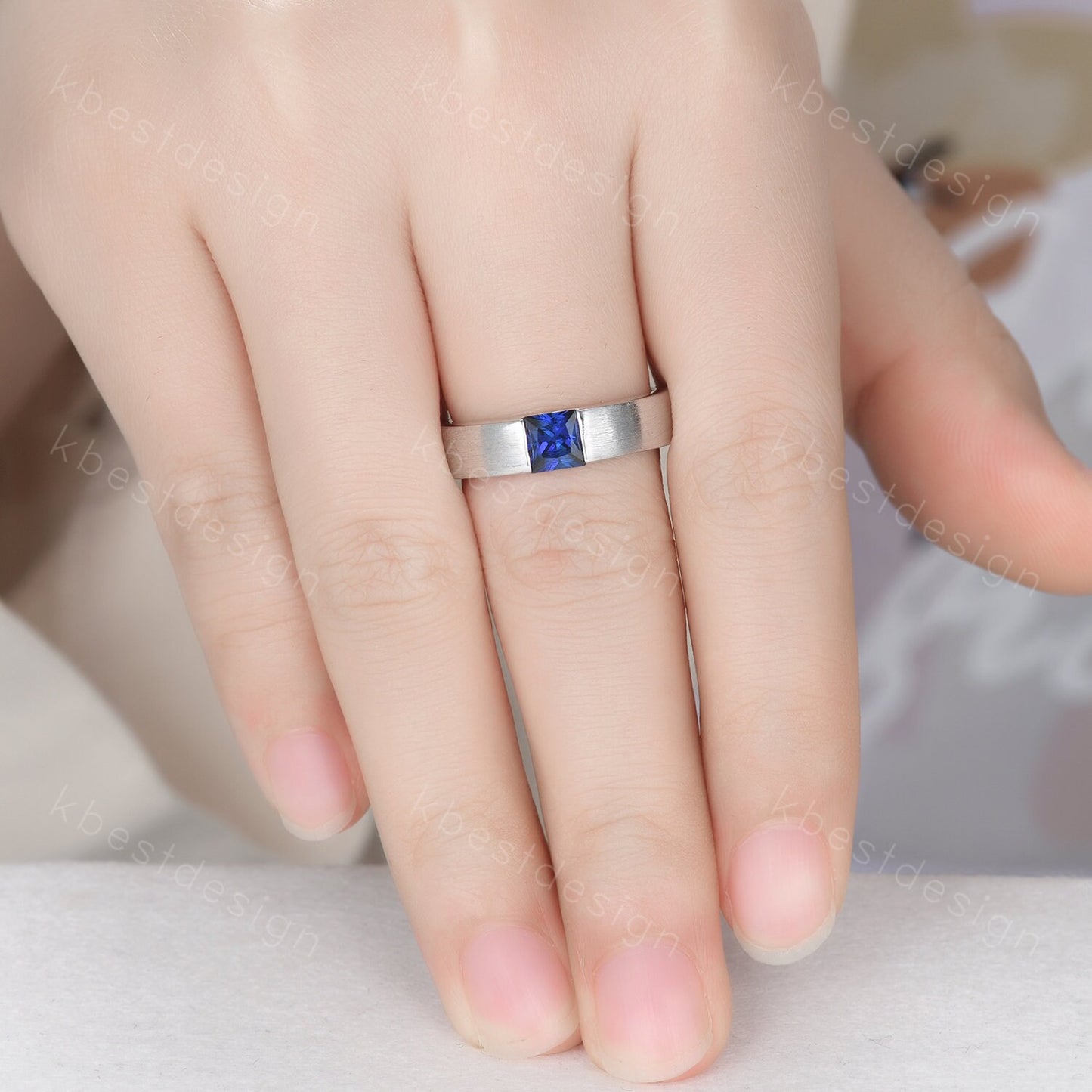 Sapphire Mens Wedding Ring 5mm Princess cut Blue Sapphire Mens Ring Brushed Finish Band September Ring for Him Mens White Gold Ring