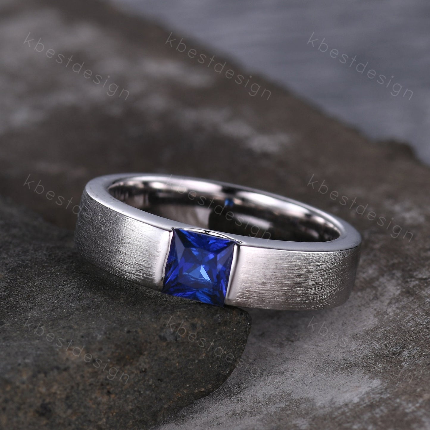 Sapphire Mens Wedding Ring 5mm Princess cut Blue Sapphire Mens Ring Brushed Finish Band September Ring for Him Mens White Gold Ring