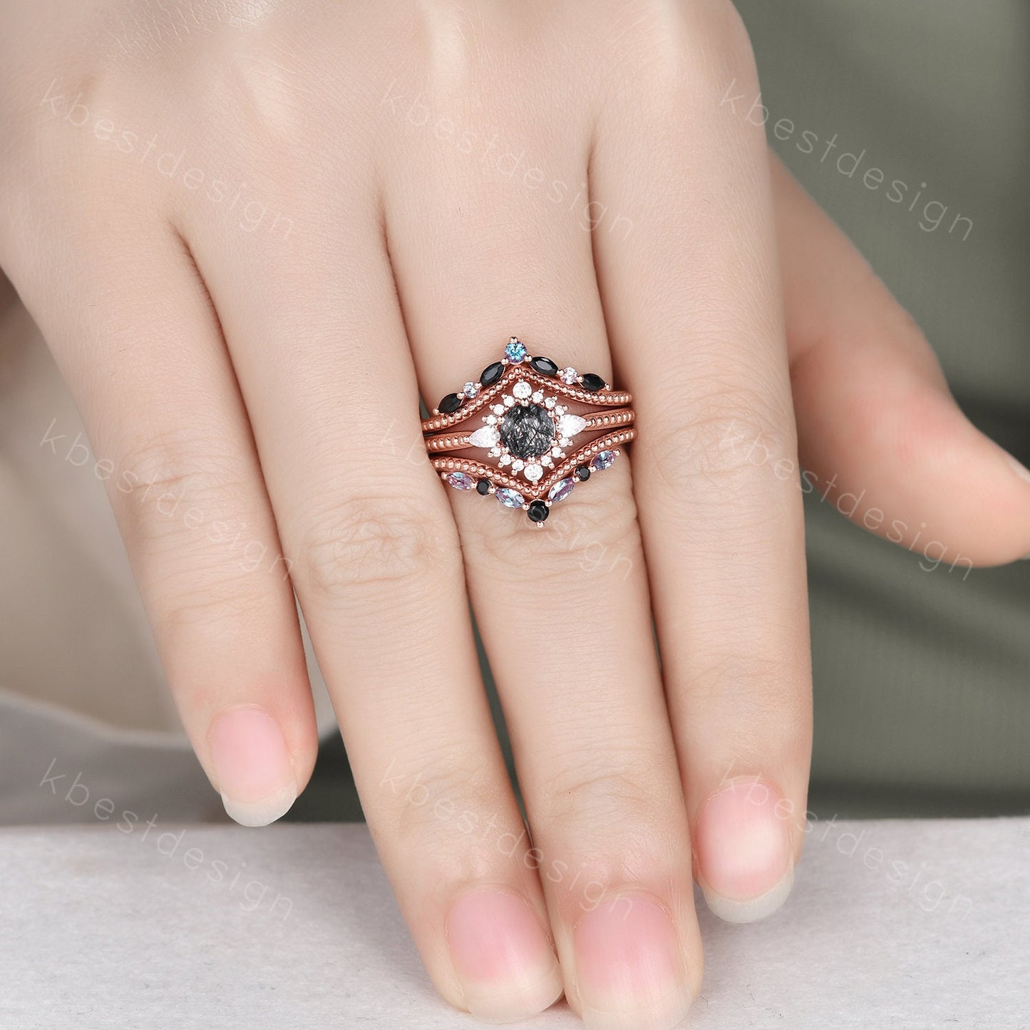 Vintage black rutilated quartz engagement ring art deco curved stacking band marquise cut alexandrite ring unique bridal wedding set