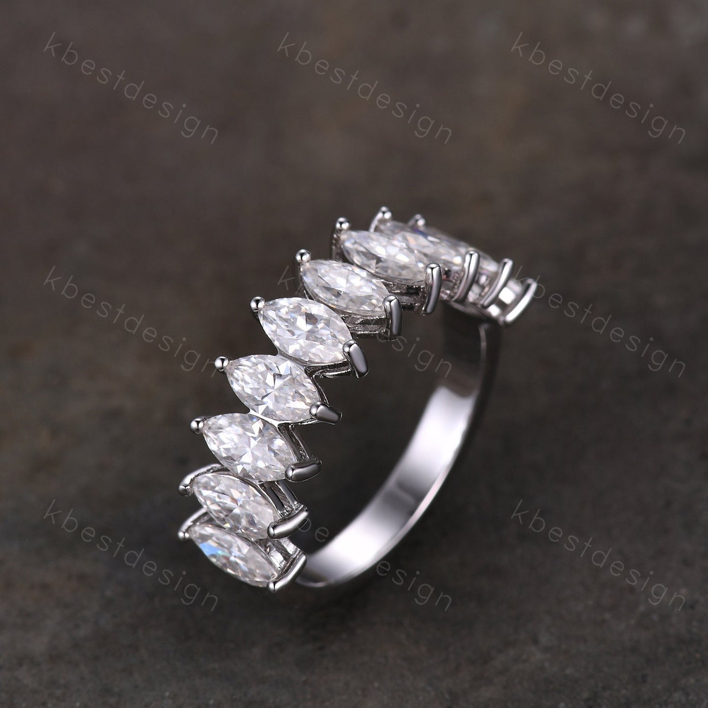 Vintage Moissanite wedding band women Marquise cut Half eternity band White gold wedding band unique Stacking bridal ring promise ring