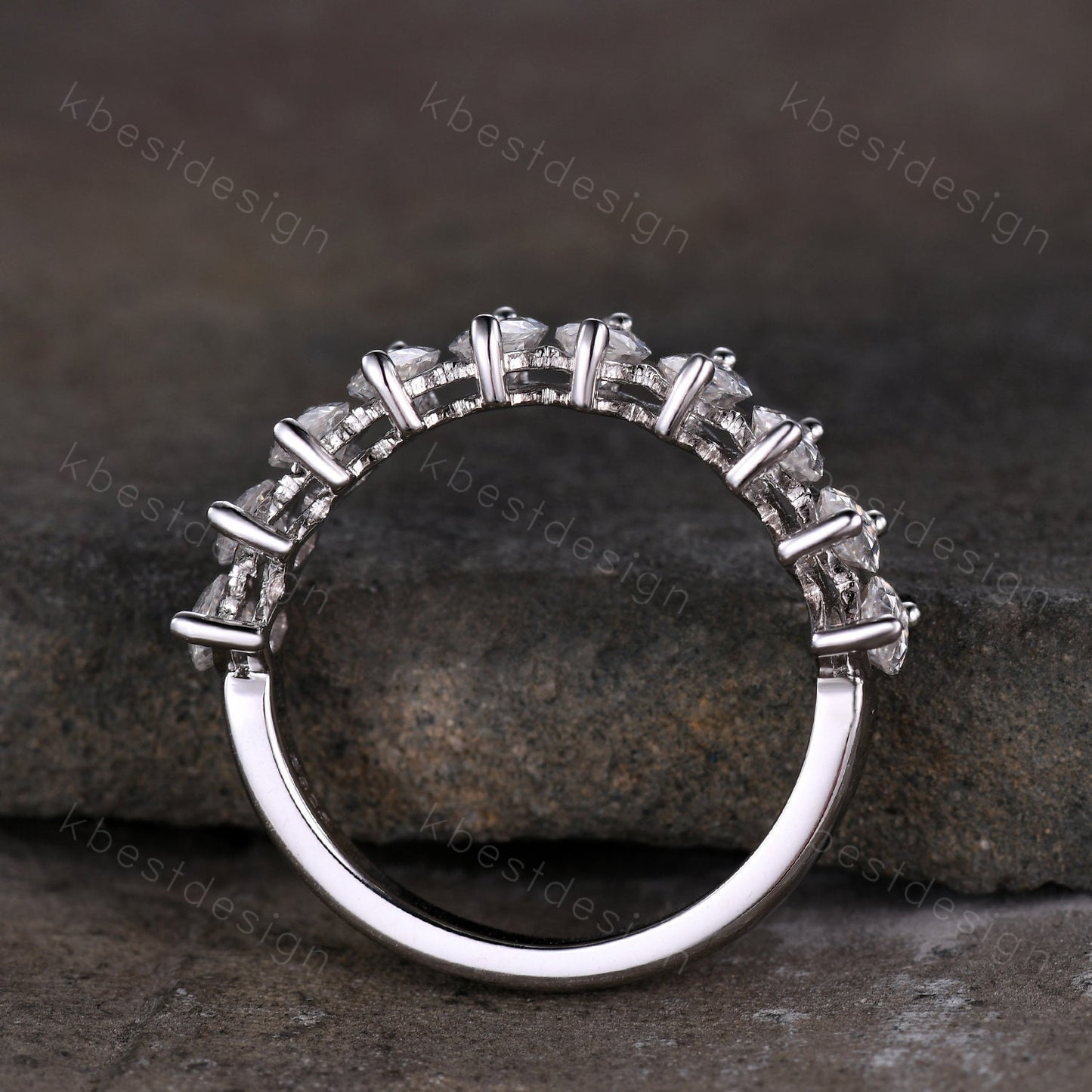 Vintage Moissanite wedding band women Marquise cut Half eternity band White gold wedding band unique Stacking bridal ring promise ring