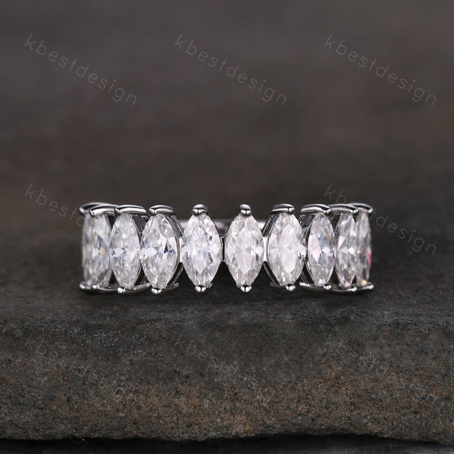 Vintage Moissanite wedding band women Marquise cut Half eternity band White gold wedding band unique Stacking bridal ring promise ring