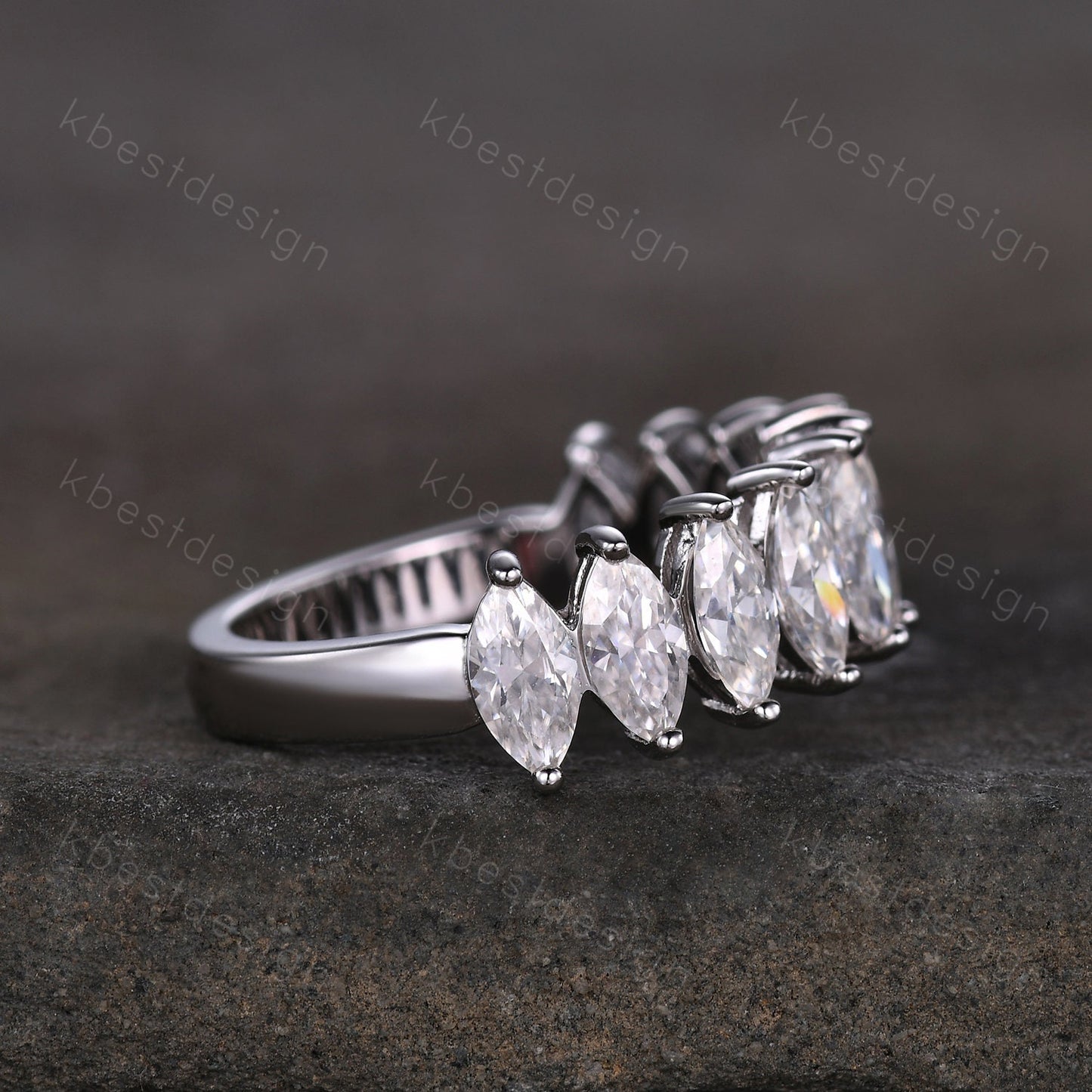 Vintage Moissanite wedding band women Marquise cut Half eternity band White gold wedding band unique Stacking bridal ring promise ring