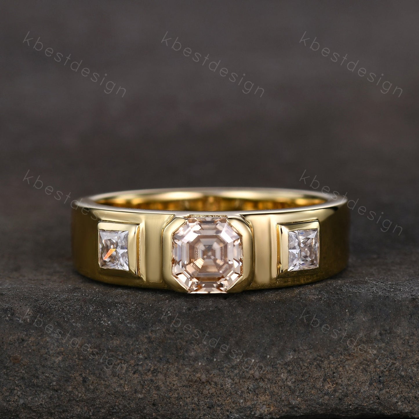 Mens Asscher Cut Champagne Moissanite Ring, 14K Yellow Gold Asscher Cut Ring, Three Stone Moissanite Engagement Ring, Bezel set Mens Band