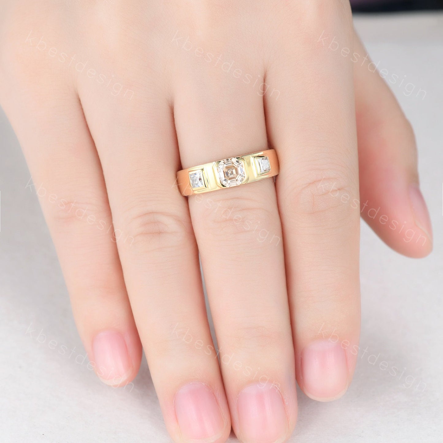 Mens Asscher Cut Champagne Moissanite Ring, 14K Yellow Gold Asscher Cut Ring, Three Stone Moissanite Engagement Ring, Bezel set Mens Band