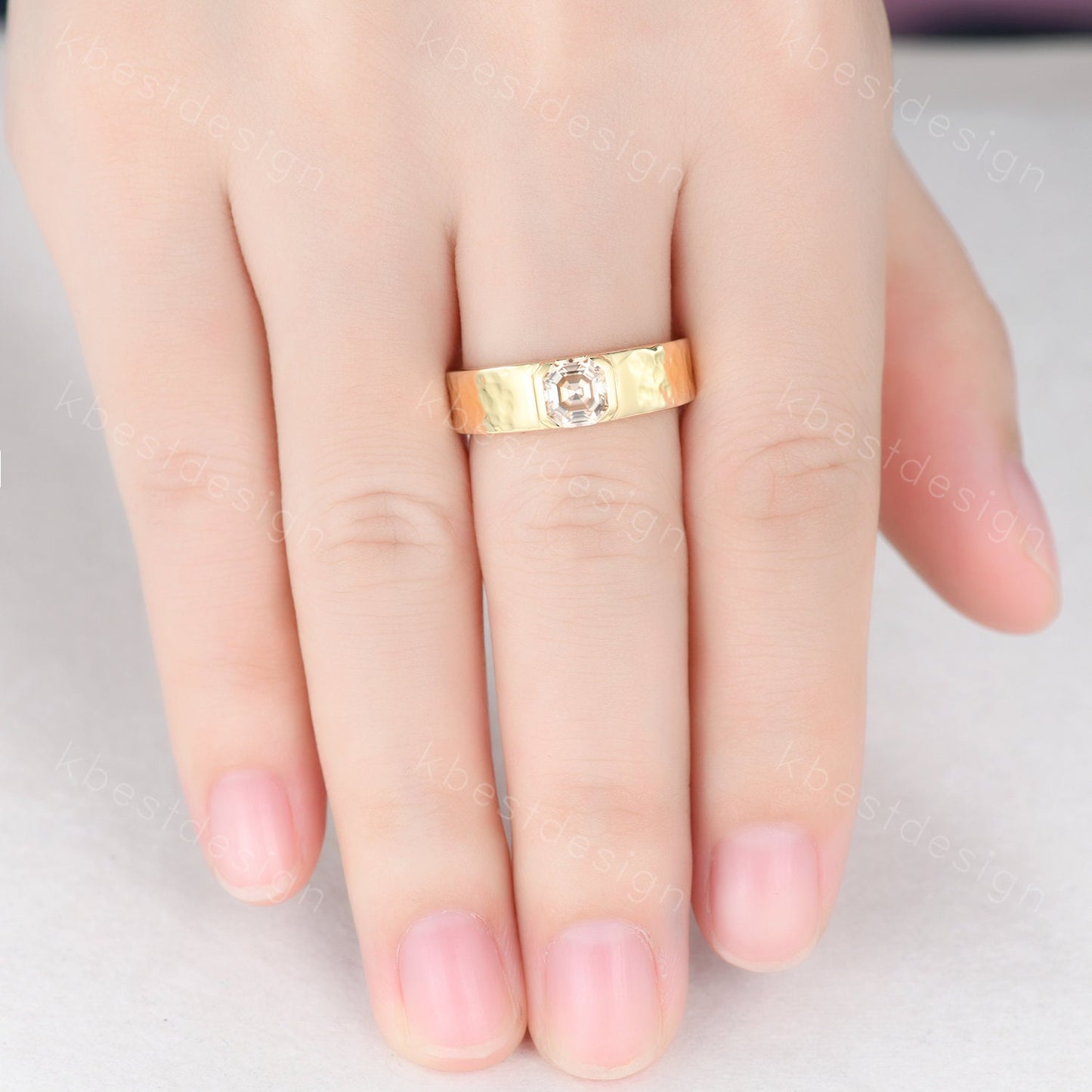 Mens Champagne Moissanite Wedding Band, Asscher Cut Moissanite Mens Wedding Band, Solid Gold 10k/14k/18k Wedding Ring, Mens Hammered Ring