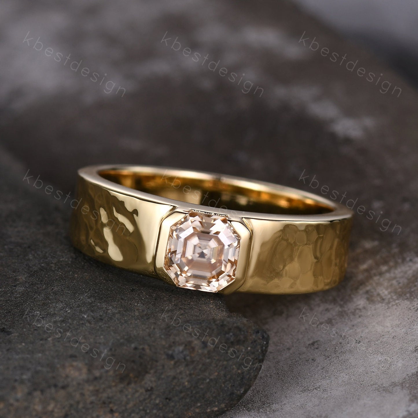 Mens Champagne Moissanite Wedding Band, Asscher Cut Moissanite Mens Wedding Band, Solid Gold 10k/14k/18k Wedding Ring, Mens Hammered Ring