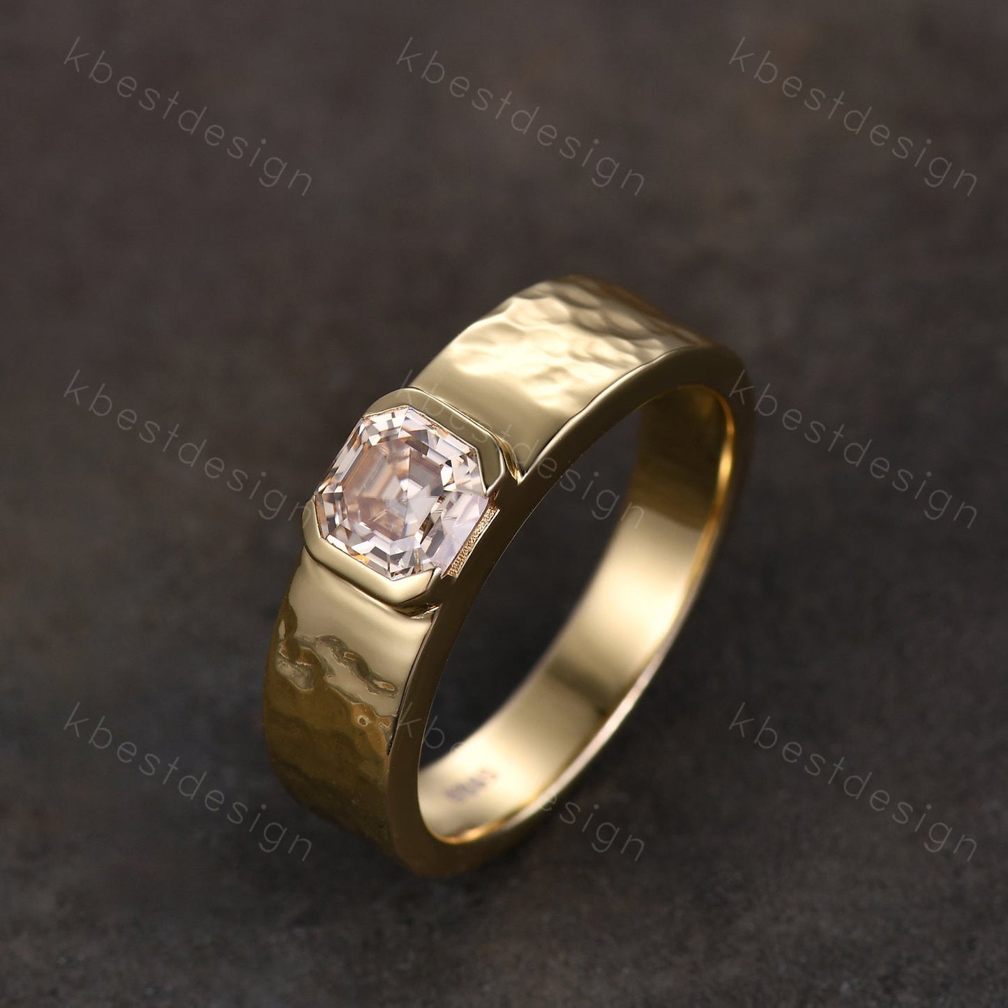Mens Champagne Moissanite Wedding Band, Asscher Cut Moissanite Mens Wedding Band, Solid Gold 10k/14k/18k Wedding Ring, Mens Hammered Ring