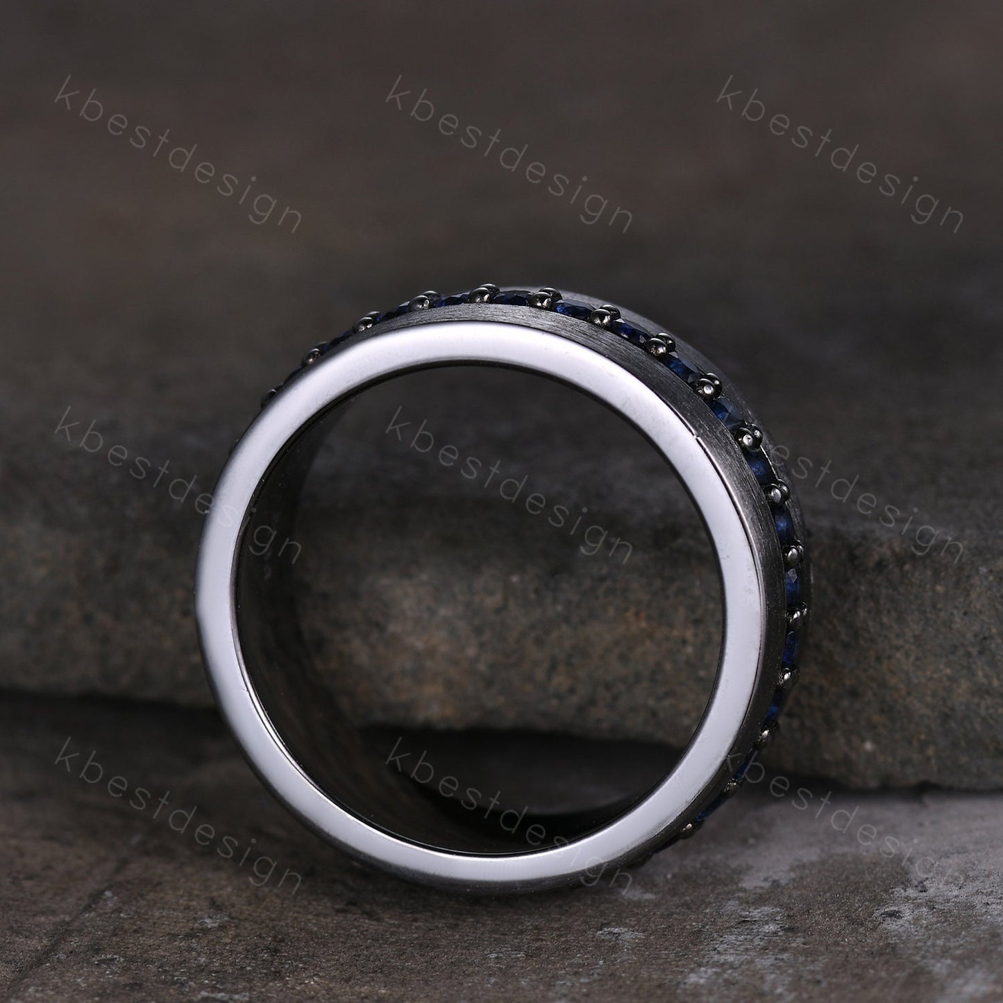 Mens Blue Sapphire Wedding Band in Black Gold, 8mm Comfort Fit Sapphire Wedding Band, September Birthstone, Anniversary Gift for Him
