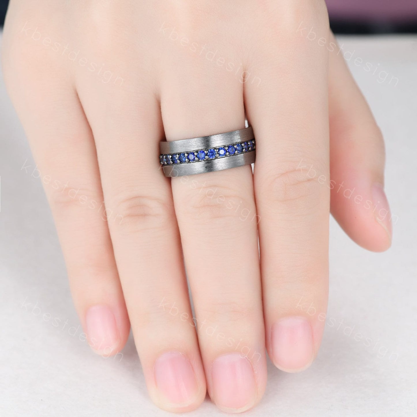 Mens Blue Sapphire Wedding Band in Black Gold, 8mm Comfort Fit Sapphire Wedding Band, September Birthstone, Anniversary Gift for Him