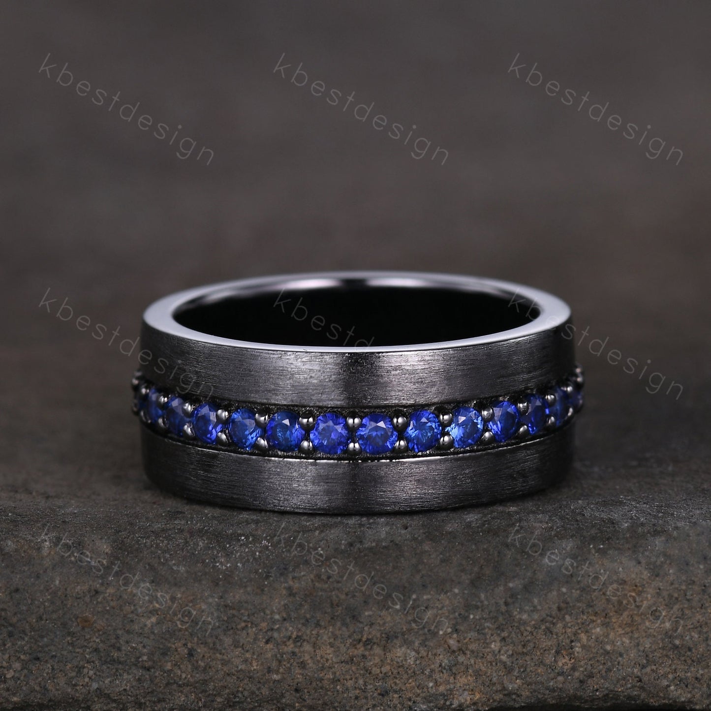 Mens Blue Sapphire Wedding Band in Black Gold, 8mm Comfort Fit Sapphire Wedding Band, September Birthstone, Anniversary Gift for Him