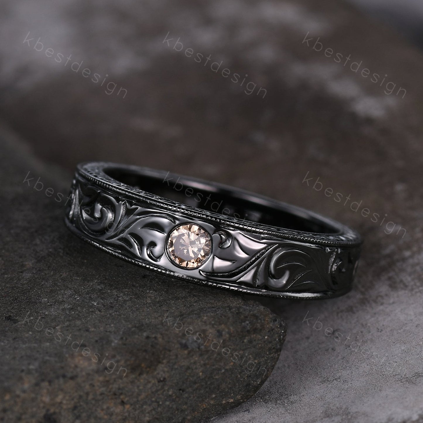 Mens Champagne Moissanite Wedding Band Antique Filigree Black Gold Wedding Band Vintage Mens Stacking Band Unique His Wedding Ring