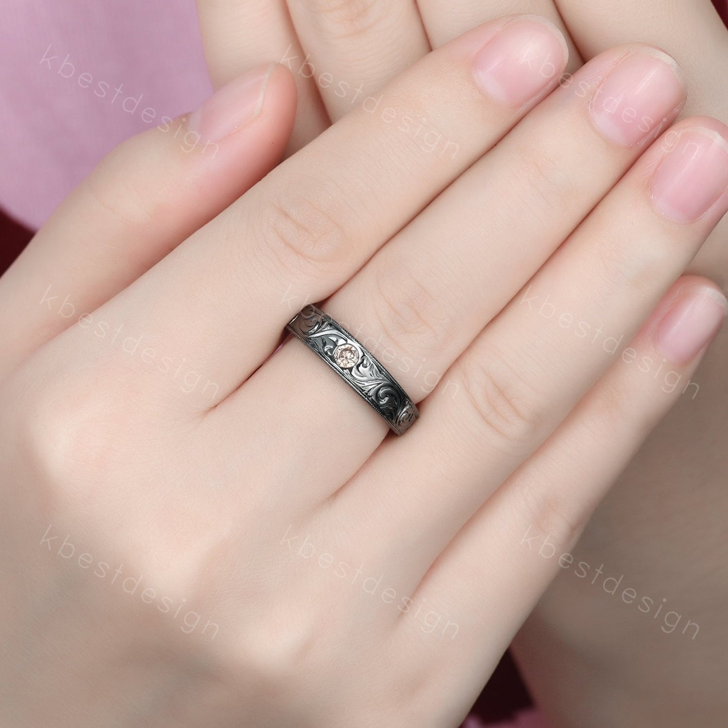 Mens Champagne Moissanite Wedding Band Antique Filigree Black Gold Wedding Band Vintage Mens Stacking Band Unique His Wedding Ring