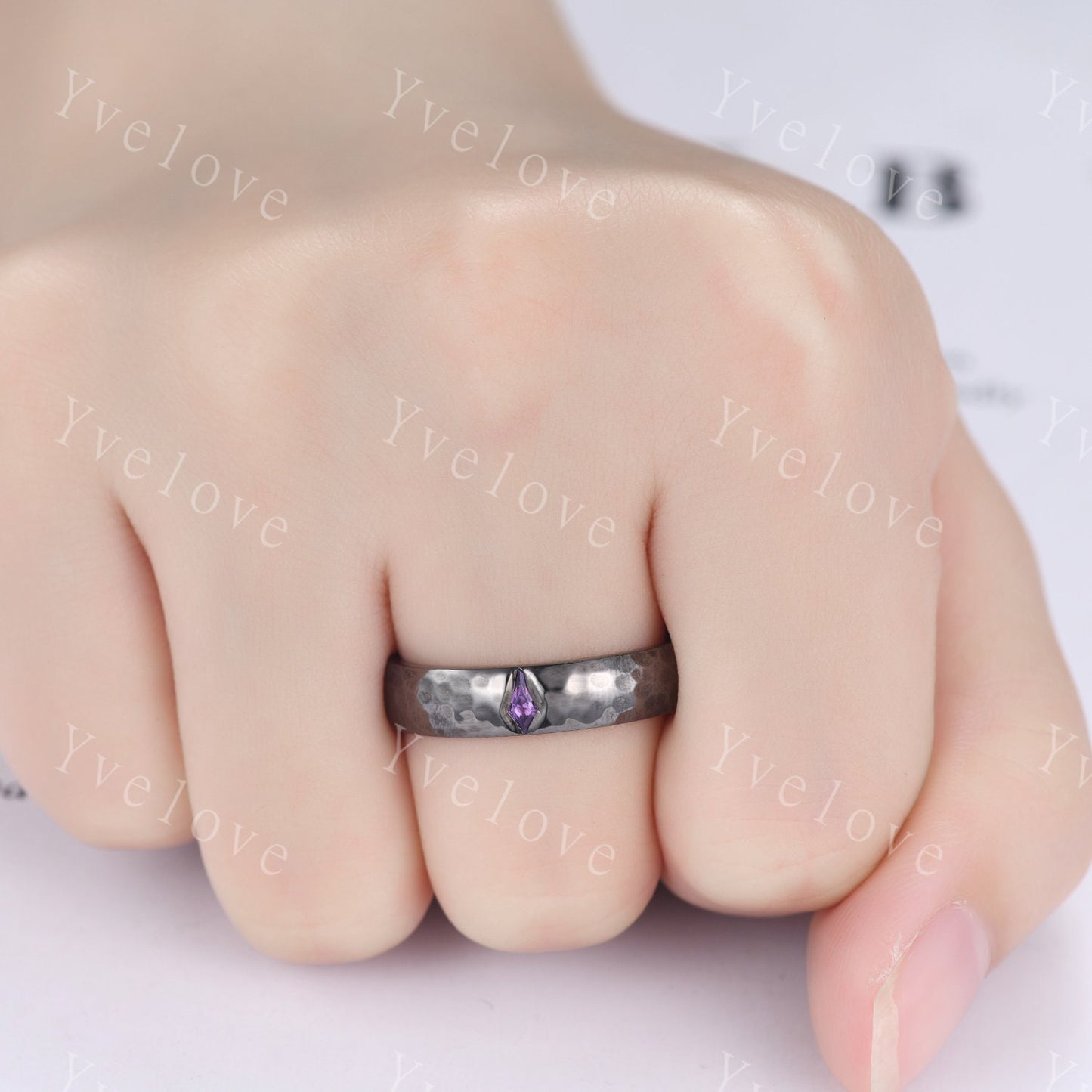 Mens Kite Amethyst Wedding Band Retro Platinum Ring Mens Hammered Stackable Matching Ring February Birthstone Vintage Ring Gift For Husband