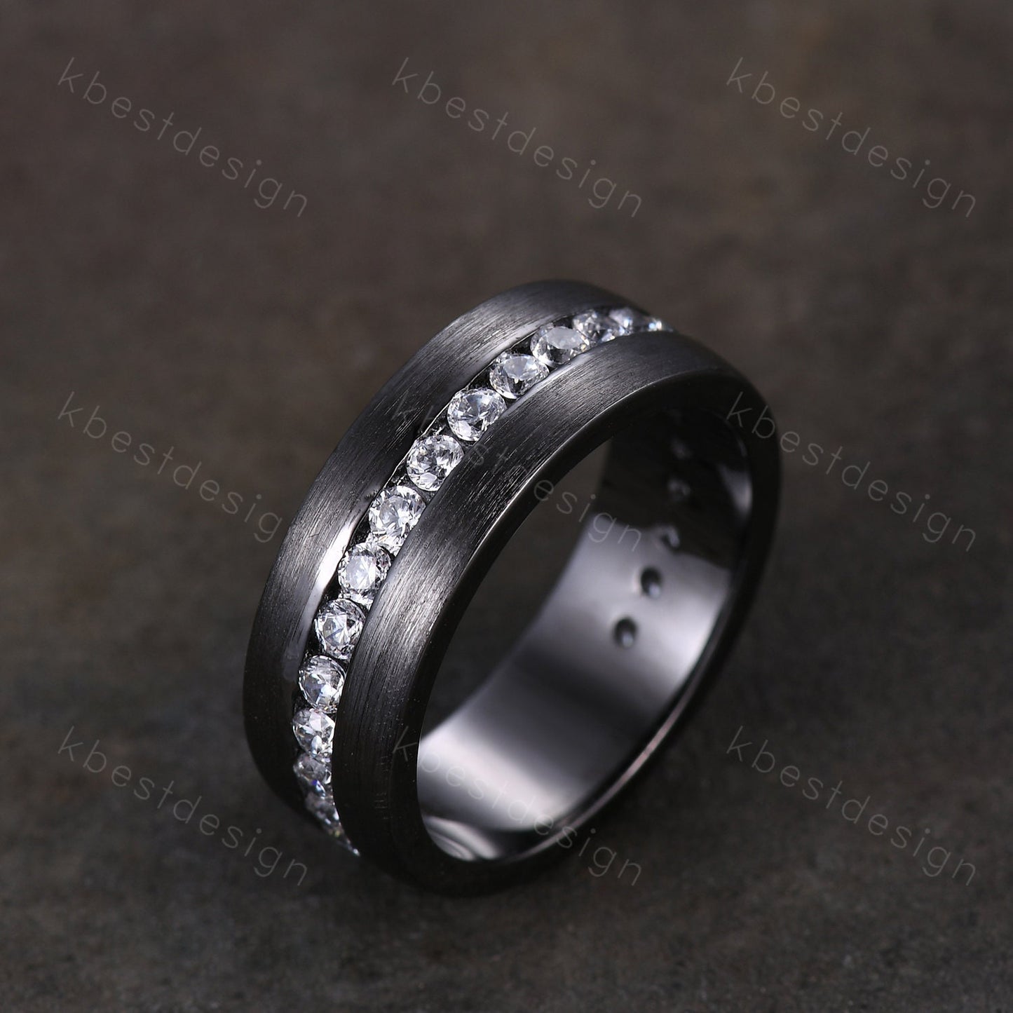 Mens Moissanite Wedding Band Black Gold Moissanite Band Brushed Finish Band Mens 7mm Stacking Matching Band Retro Vintage Ring
