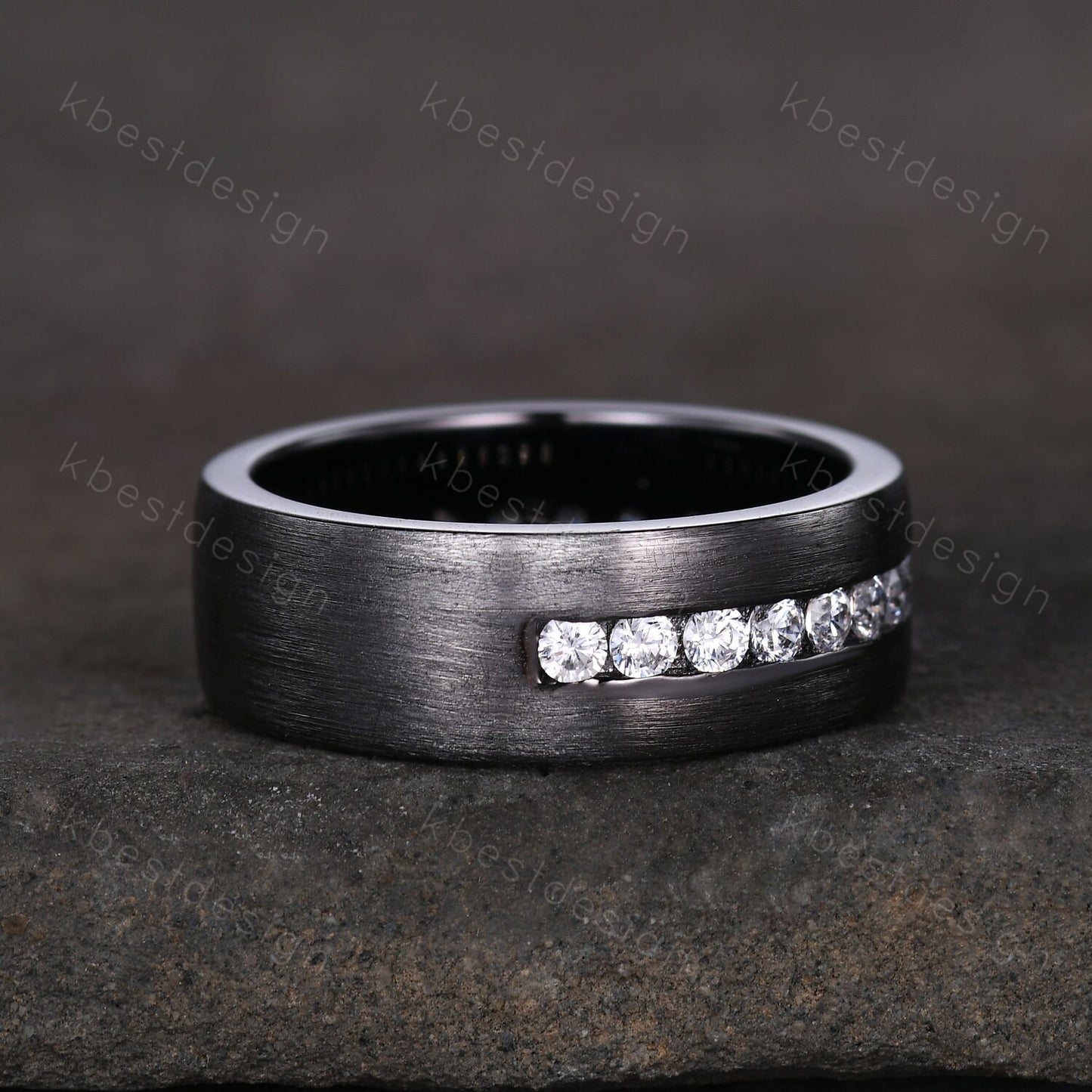 Mens Moissanite Wedding Band Black Gold Moissanite Band Brushed Finish Band Mens 7mm Stacking Matching Band Retro Vintage Ring