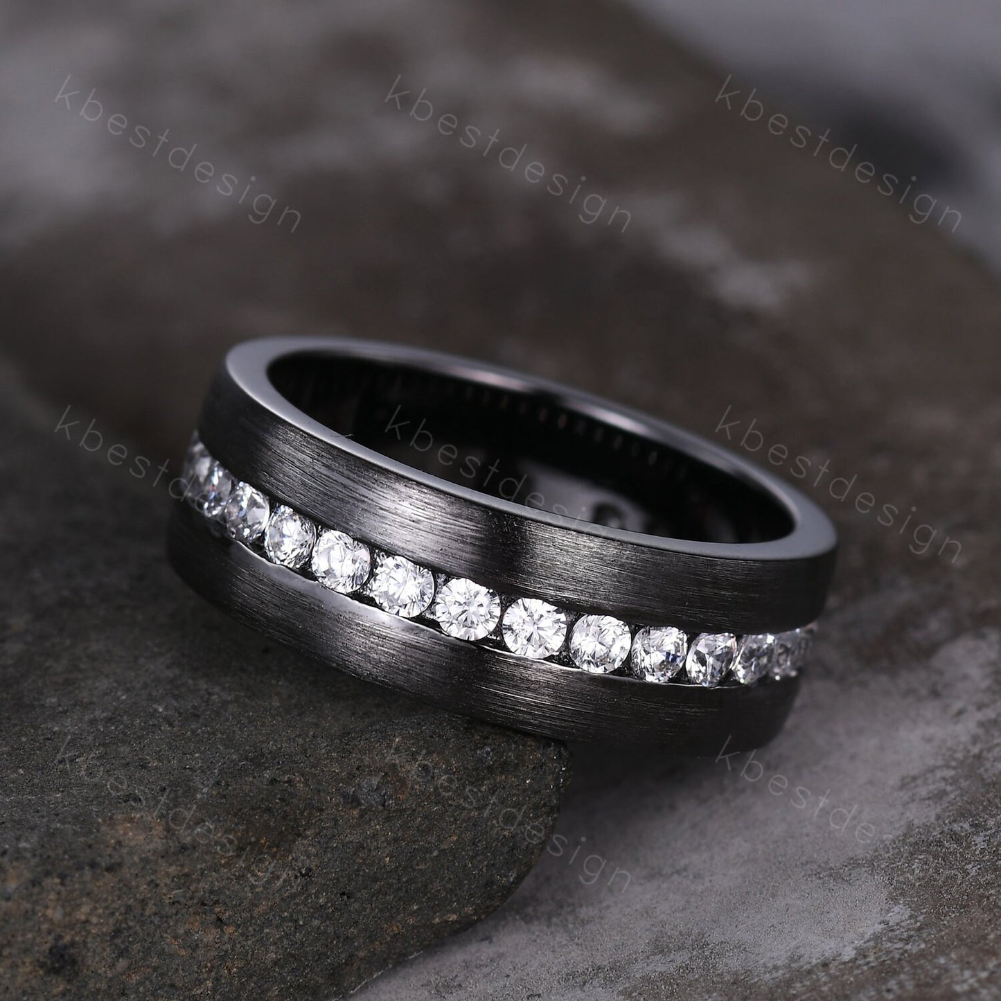 Mens Moissanite Wedding Band Black Gold Moissanite Band Brushed Finish Band Mens 7mm Stacking Matching Band Retro Vintage Ring