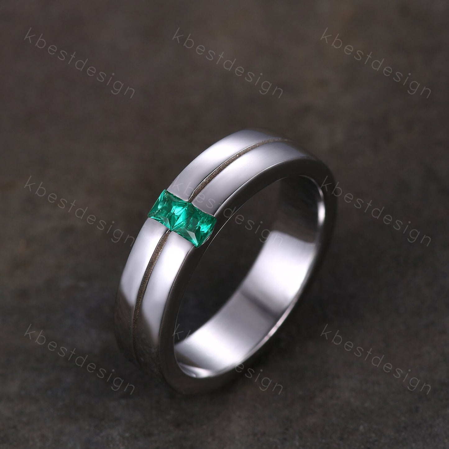 Mens Green Emerald Wedding Band, Princess Cut Double Green Emeralds Mens Wedding Band, Solid Gold 10k/14k/18k Wedding Ring