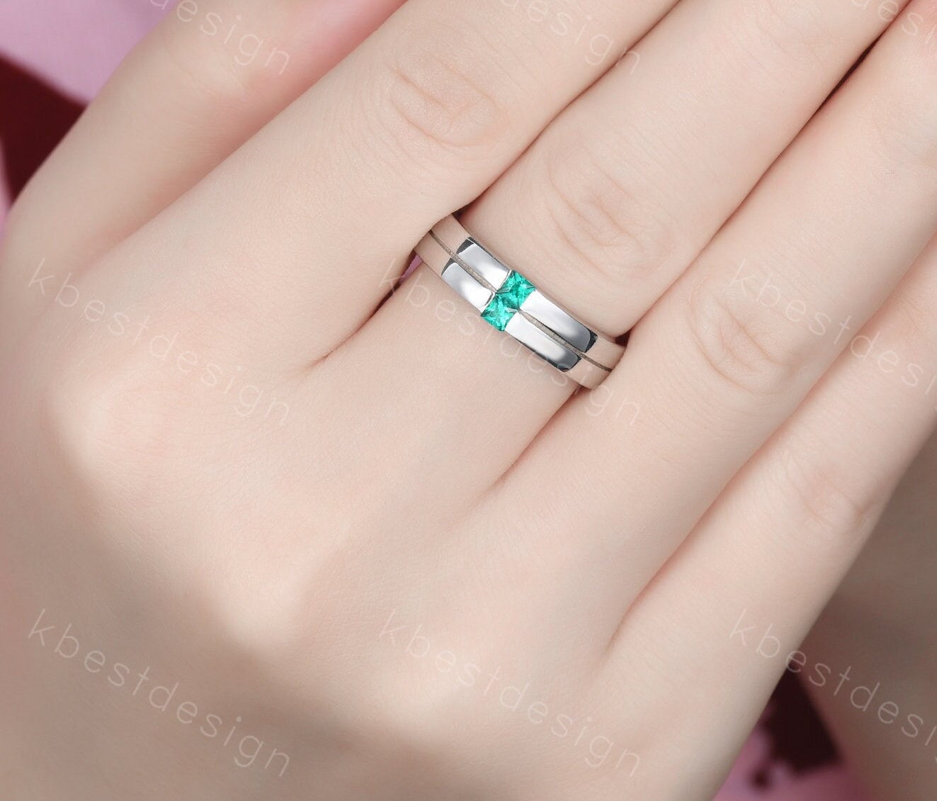 Mens Green Emerald Wedding Band, Princess Cut Double Green Emeralds Mens Wedding Band, Solid Gold 10k/14k/18k Wedding Ring