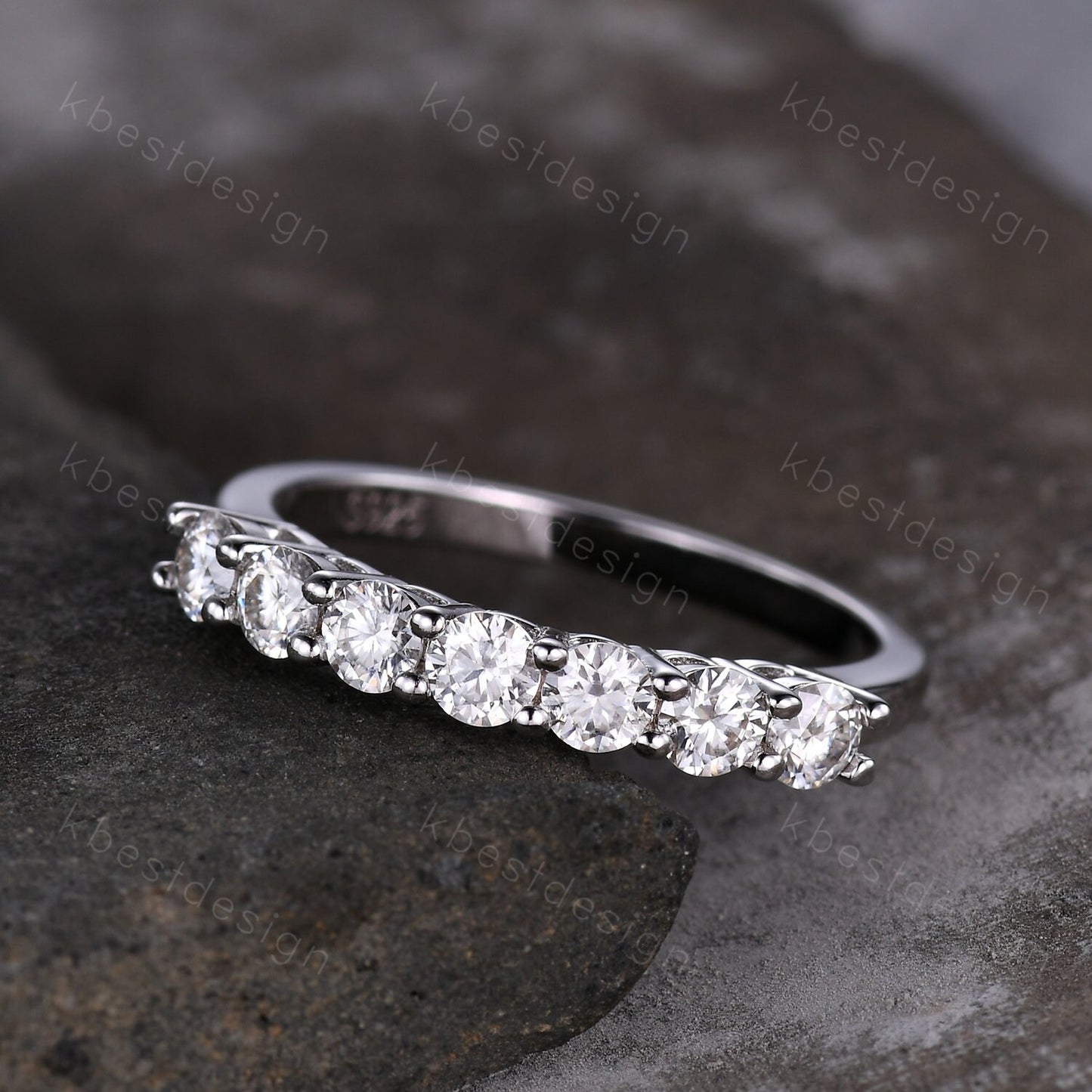 3mm Moissanite wedding band women Round cut 7 stone ring Unique Silver wedding band vintage Stacking Matching bridal ring promise ring