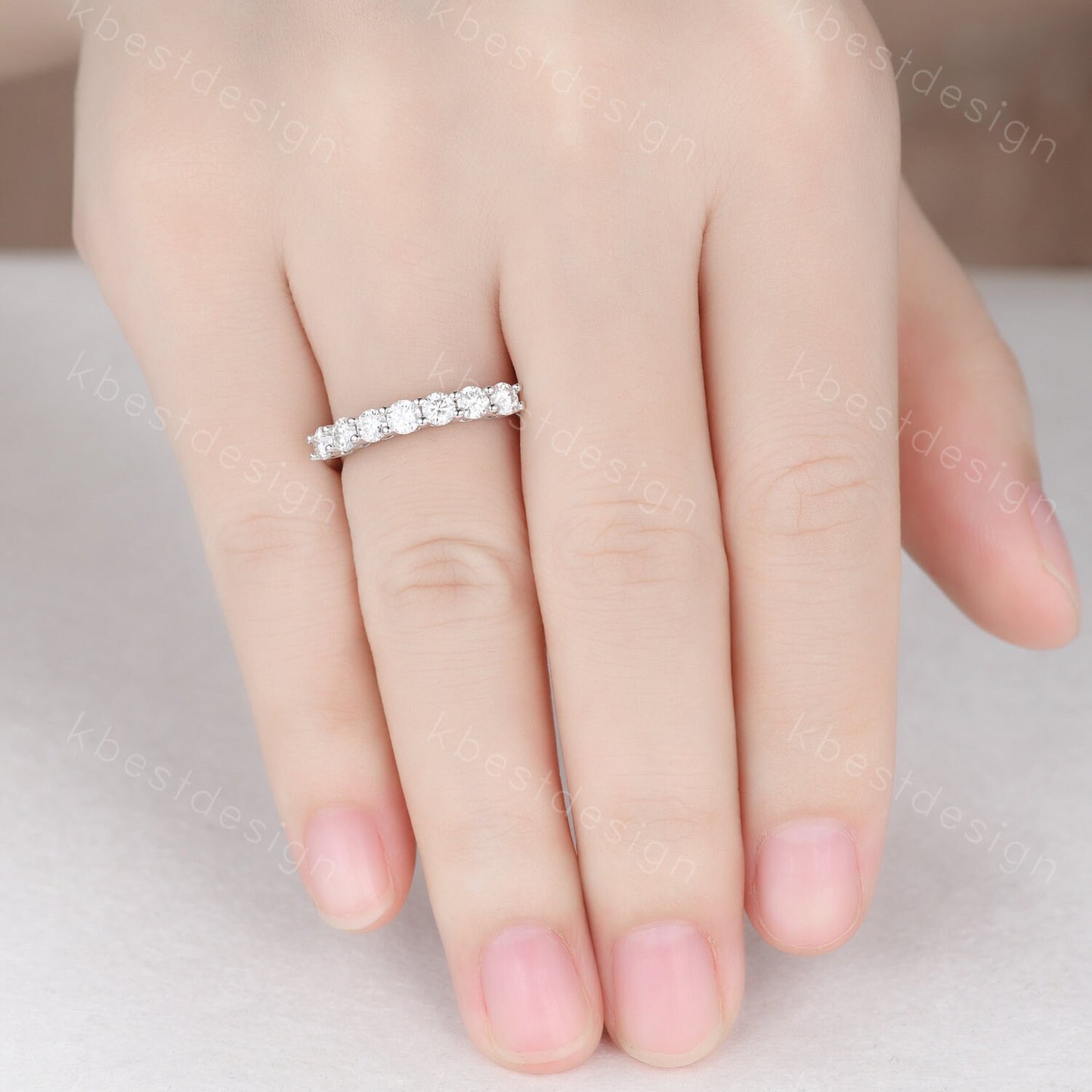 3mm Moissanite wedding band women Round cut 7 stone ring Unique Silver wedding band vintage Stacking Matching bridal ring promise ring