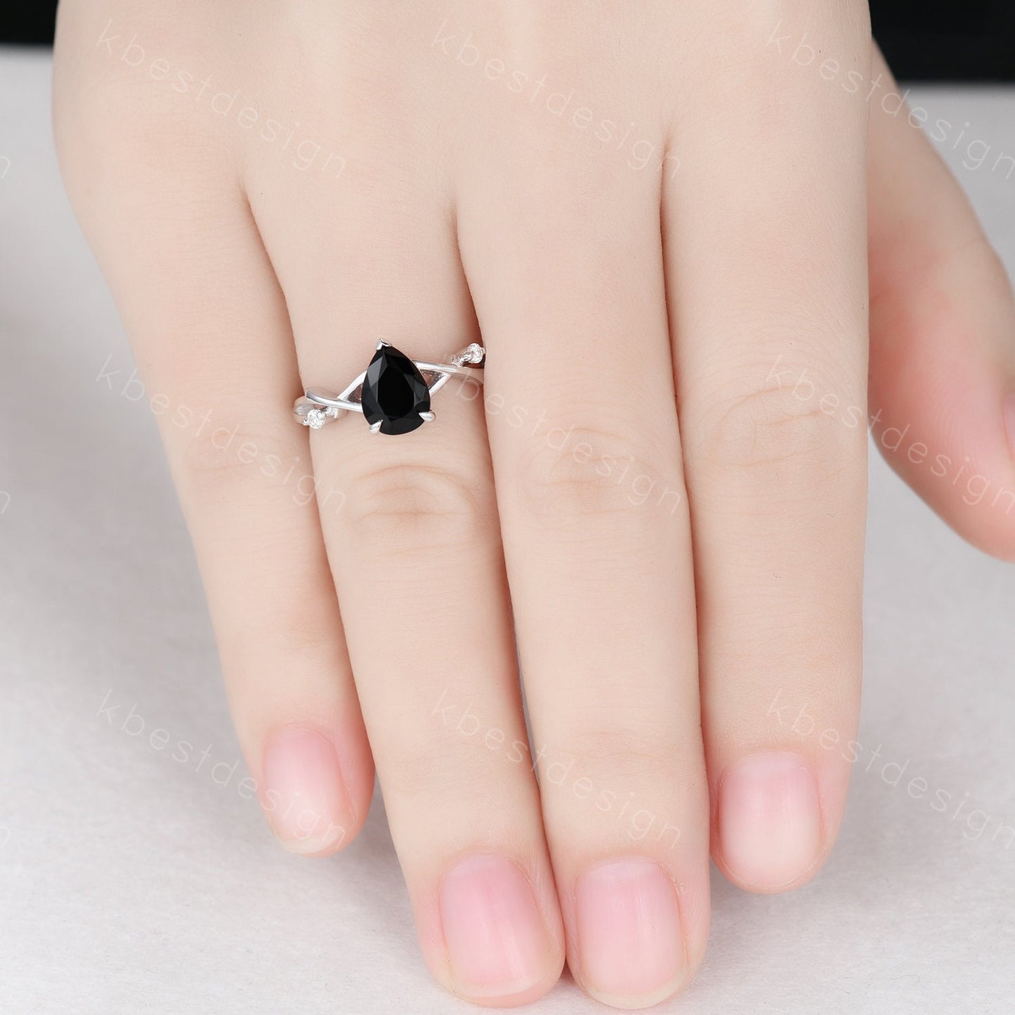 Twig Pear shaped black onyx ring silver vintage nature inspired unique black gemstone engagement ring antique bridal wedding ring for women