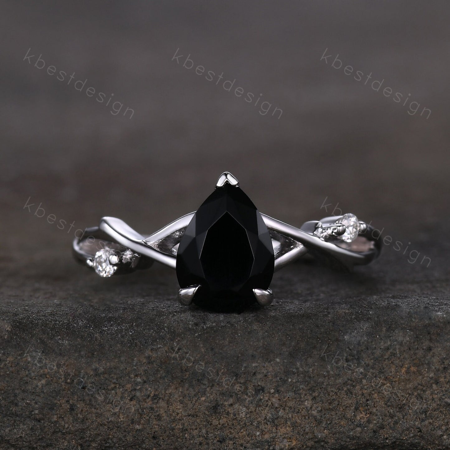 Twig Pear shaped black onyx ring silver vintage nature inspired unique black gemstone engagement ring antique bridal wedding ring for women