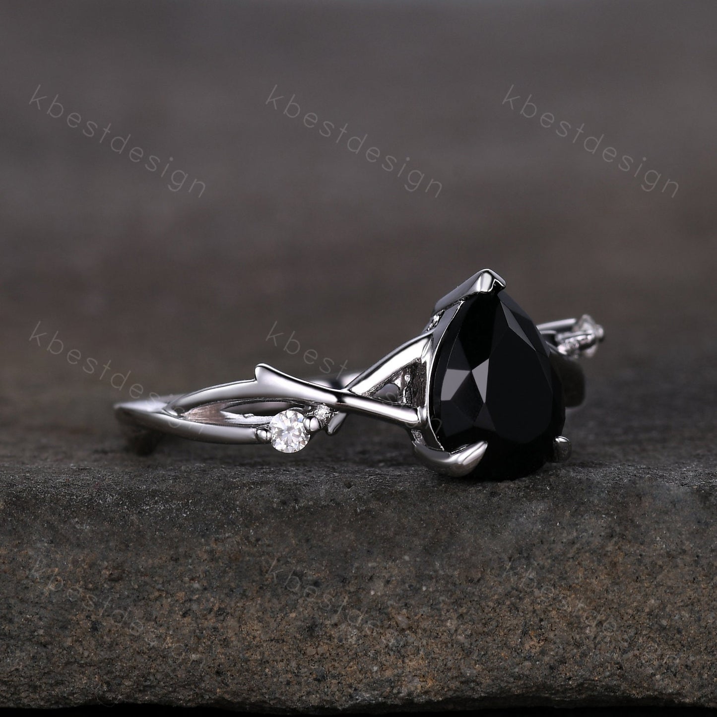 Twig Pear shaped black onyx ring silver vintage nature inspired unique black gemstone engagement ring antique bridal wedding ring for women