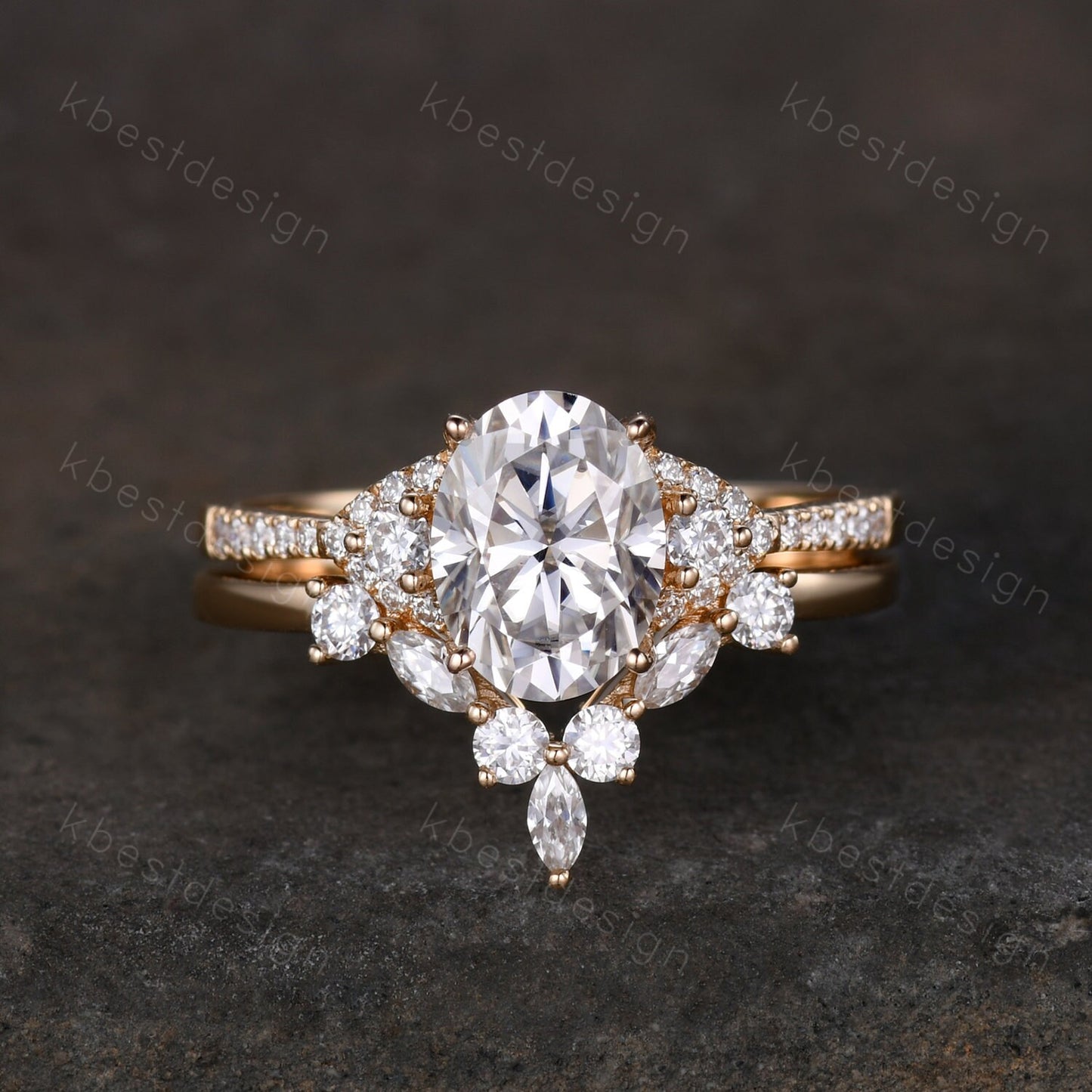 Vintage Moissanite engagement ring Yellow gold ring art deco curved stacking band Oval cut bridal set unique moissanite wedding ring set