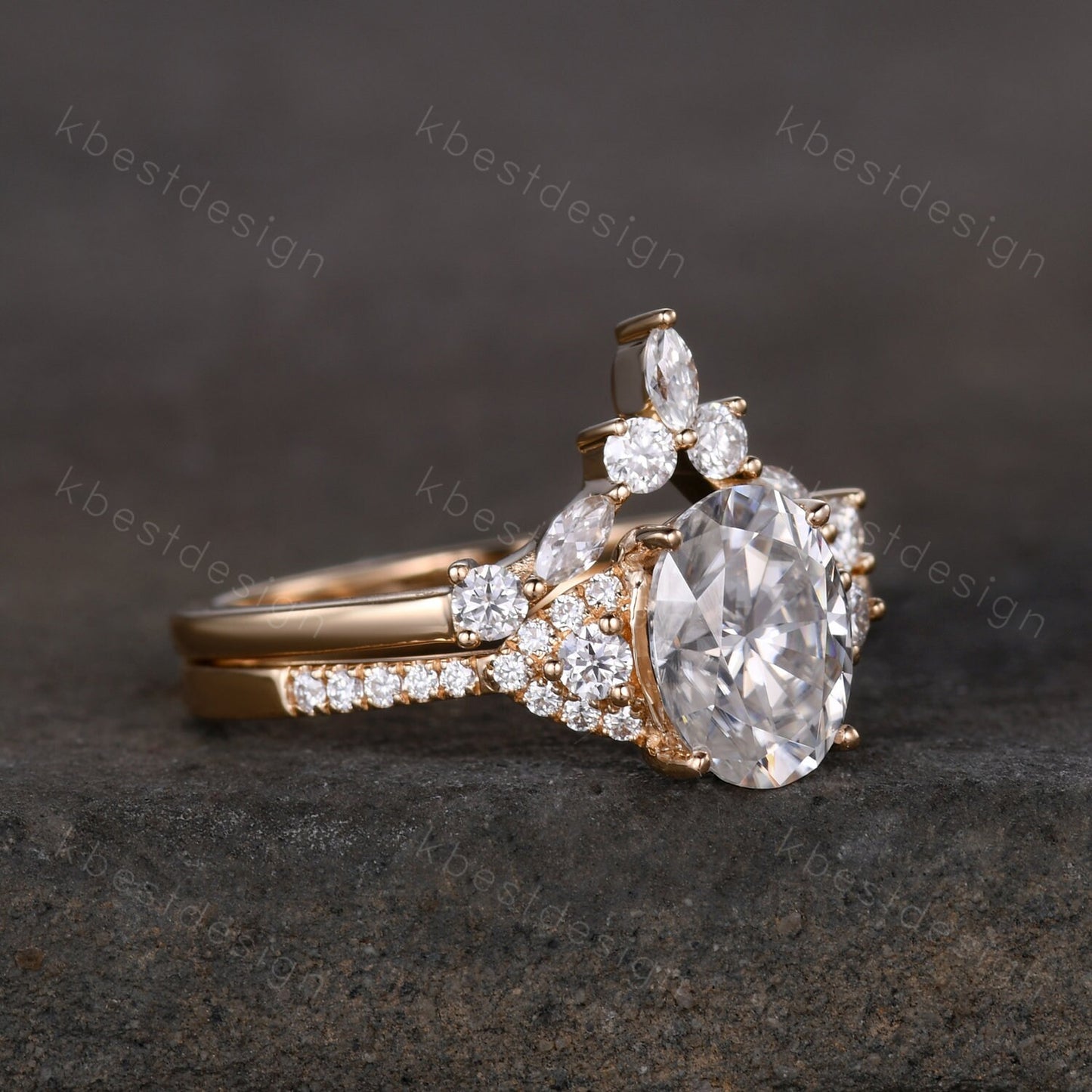Vintage Moissanite engagement ring Yellow gold ring art deco curved stacking band Oval cut bridal set unique moissanite wedding ring set