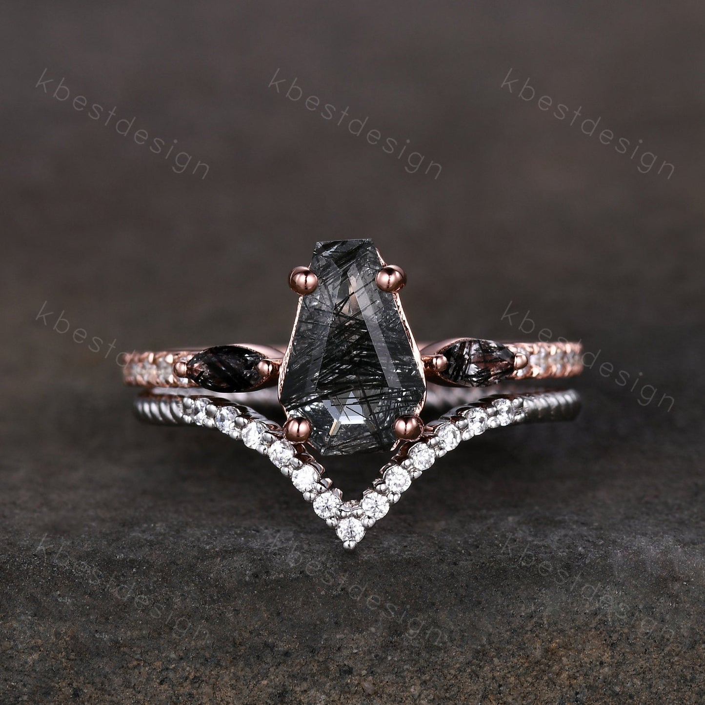 Coffin shaped black rutilated quartz engagement ring set unique curved Moissanite stacking band Rose gold vintage bridal wedding ring set