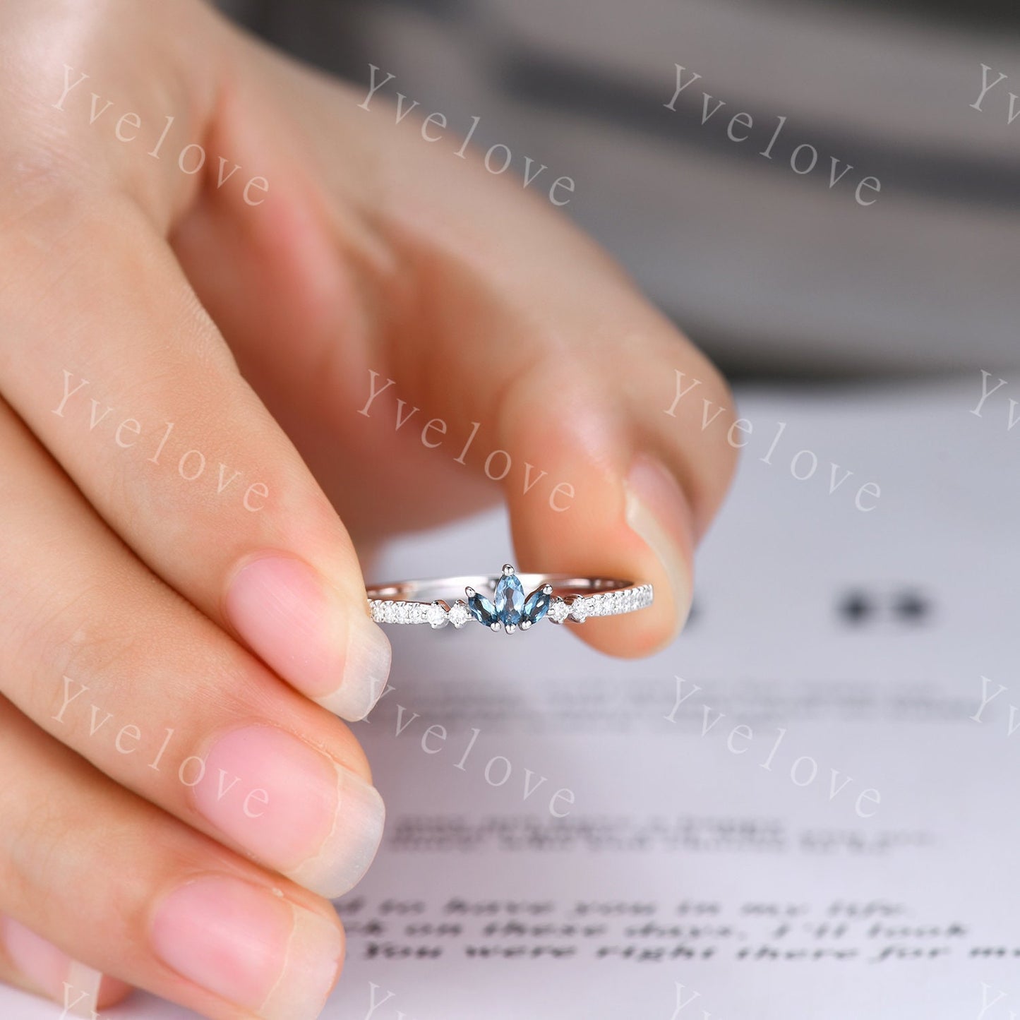 Antique Marquise London blue topaz wedding band topaz ring women moissanite promise ring bridal stacking matching band gift for her platinum