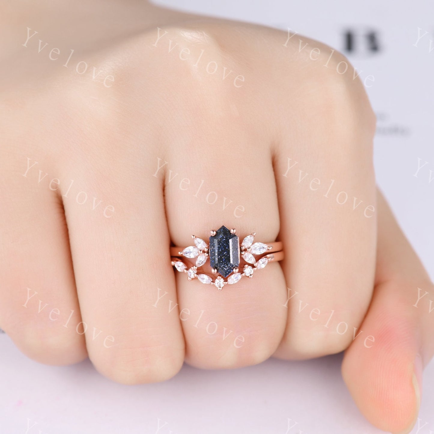 Hexagon Blue Sandstone Engagement Ring Set Women Stacking Matching Band Diamond Moissanite Ring Unique Vintage Floral Design Promise Gift