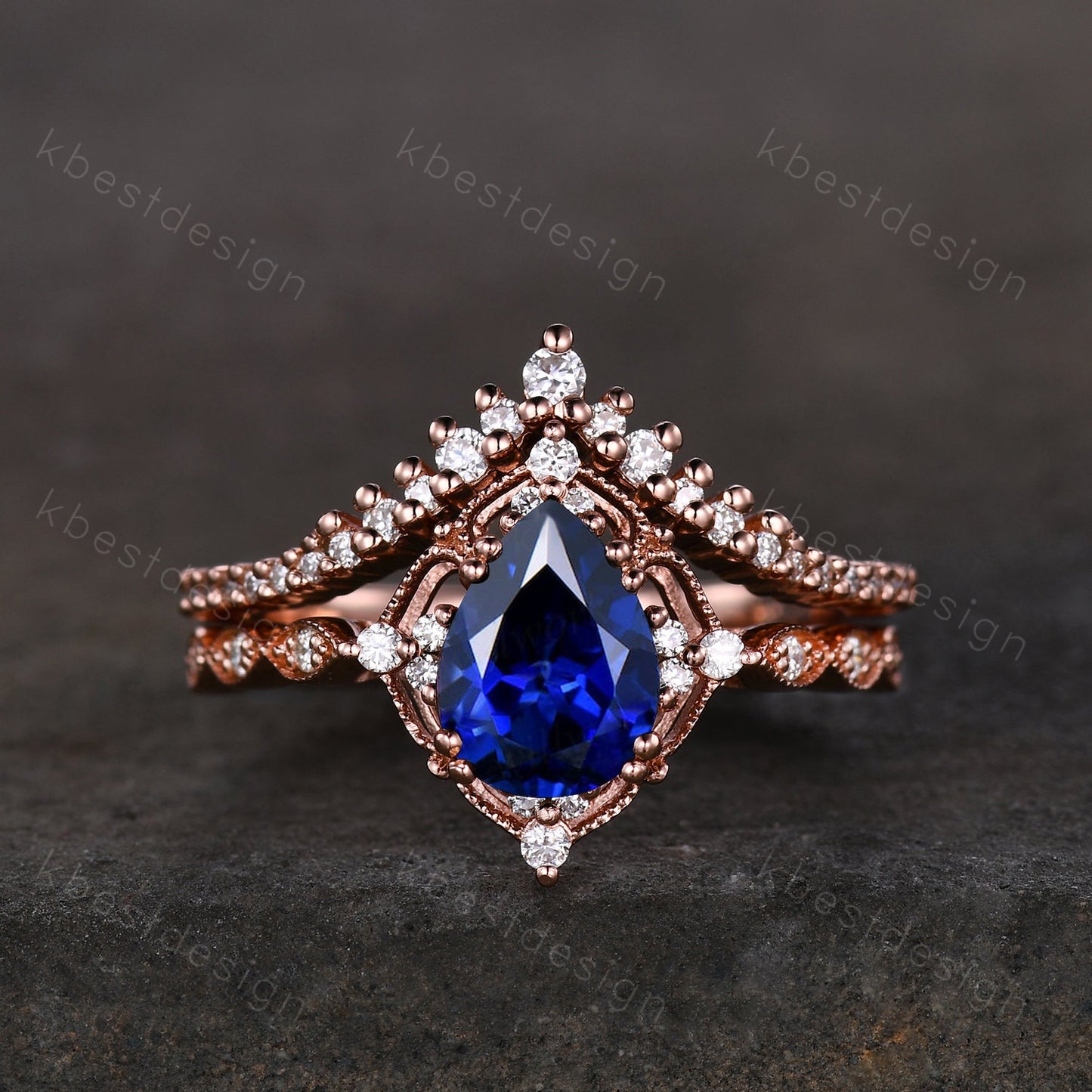 Vintage blue sapphire engagement ring set rose gold ring art deco curved stacking band pear shaped bridal set unique moissanite wedding set