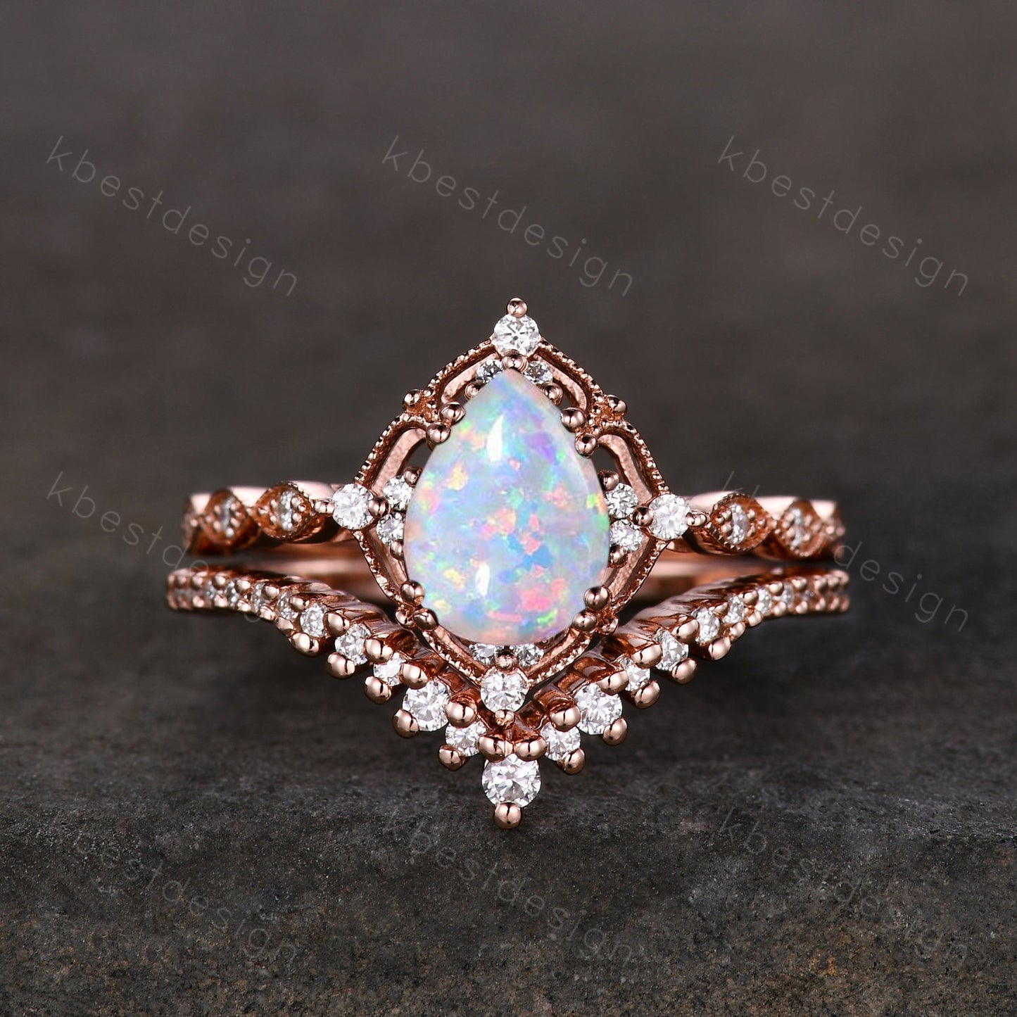 Pear shaped Opal engagement ring set rose gold opal ring vintage moissanite wedding ring October birthstone ring unique bridal wedding set