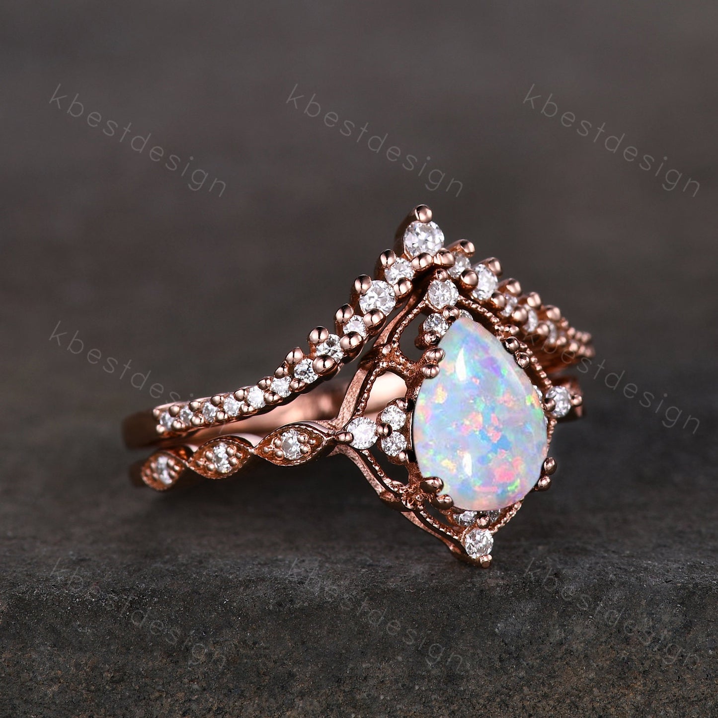 Pear shaped Opal engagement ring set rose gold opal ring vintage moissanite wedding ring October birthstone ring unique bridal wedding set