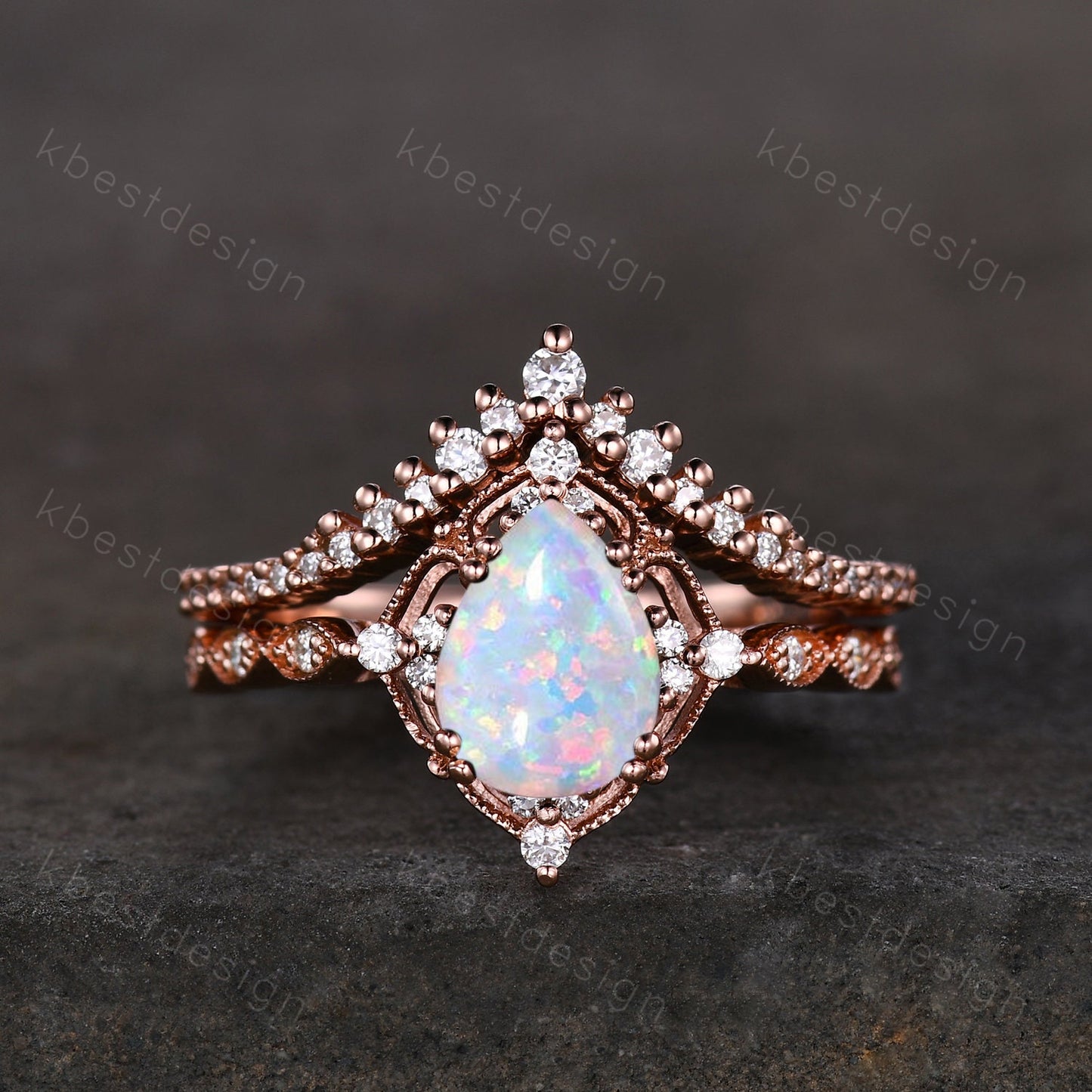 Pear shaped Opal engagement ring set rose gold opal ring vintage moissanite wedding ring October birthstone ring unique bridal wedding set
