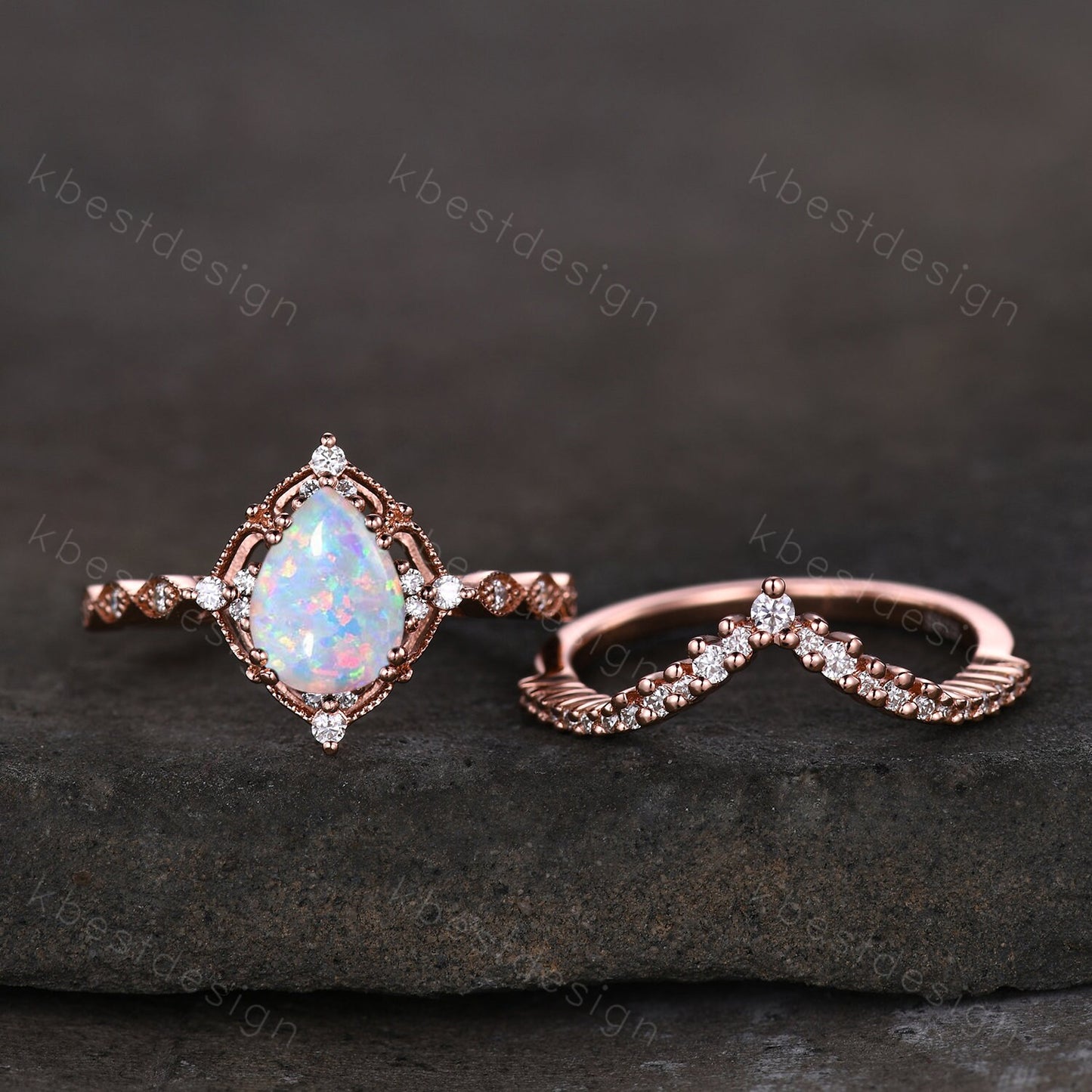Pear shaped Opal engagement ring set rose gold opal ring vintage moissanite wedding ring October birthstone ring unique bridal wedding set